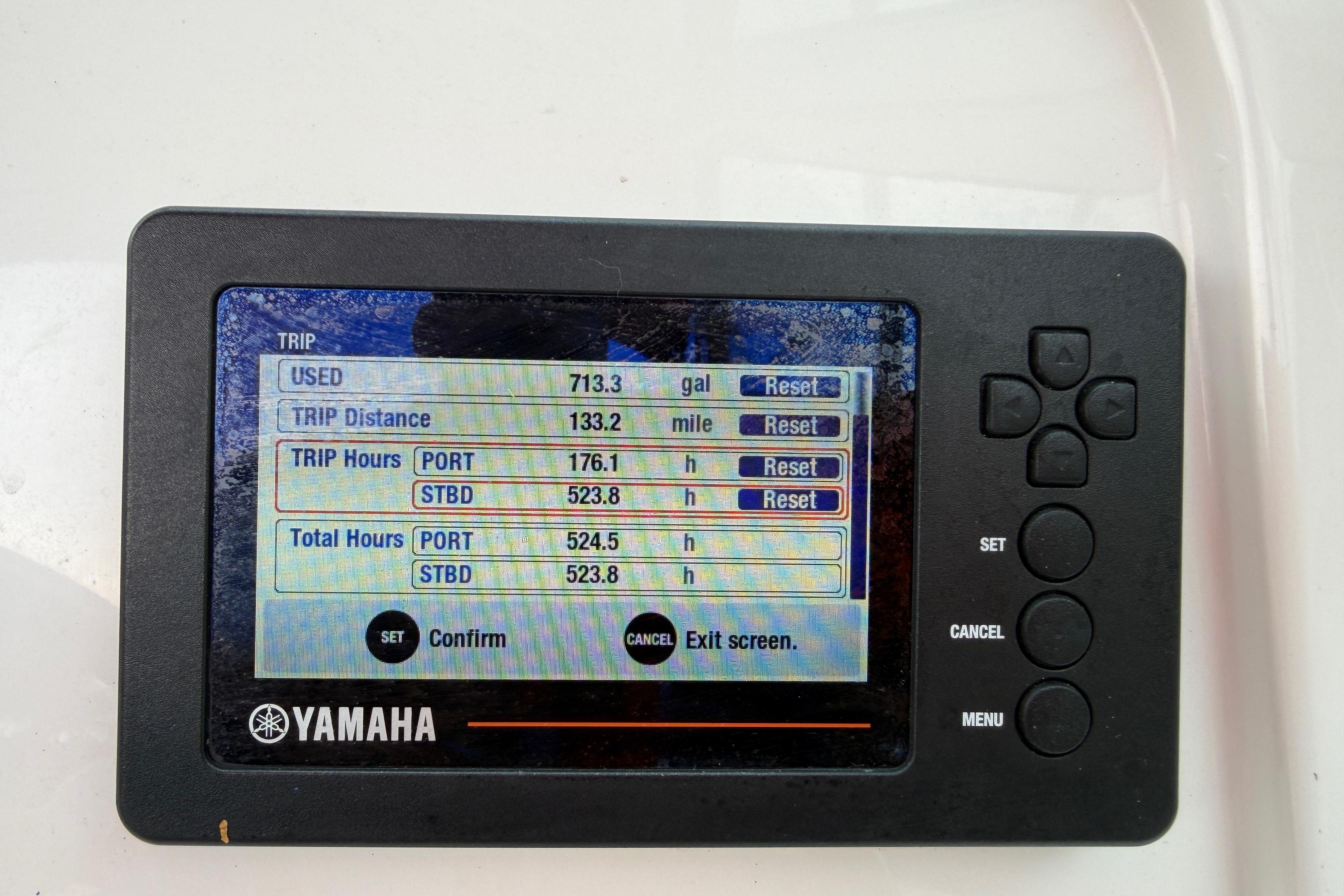 Yamaha display showing trip data for 2019 World Cat 230 DC boat.