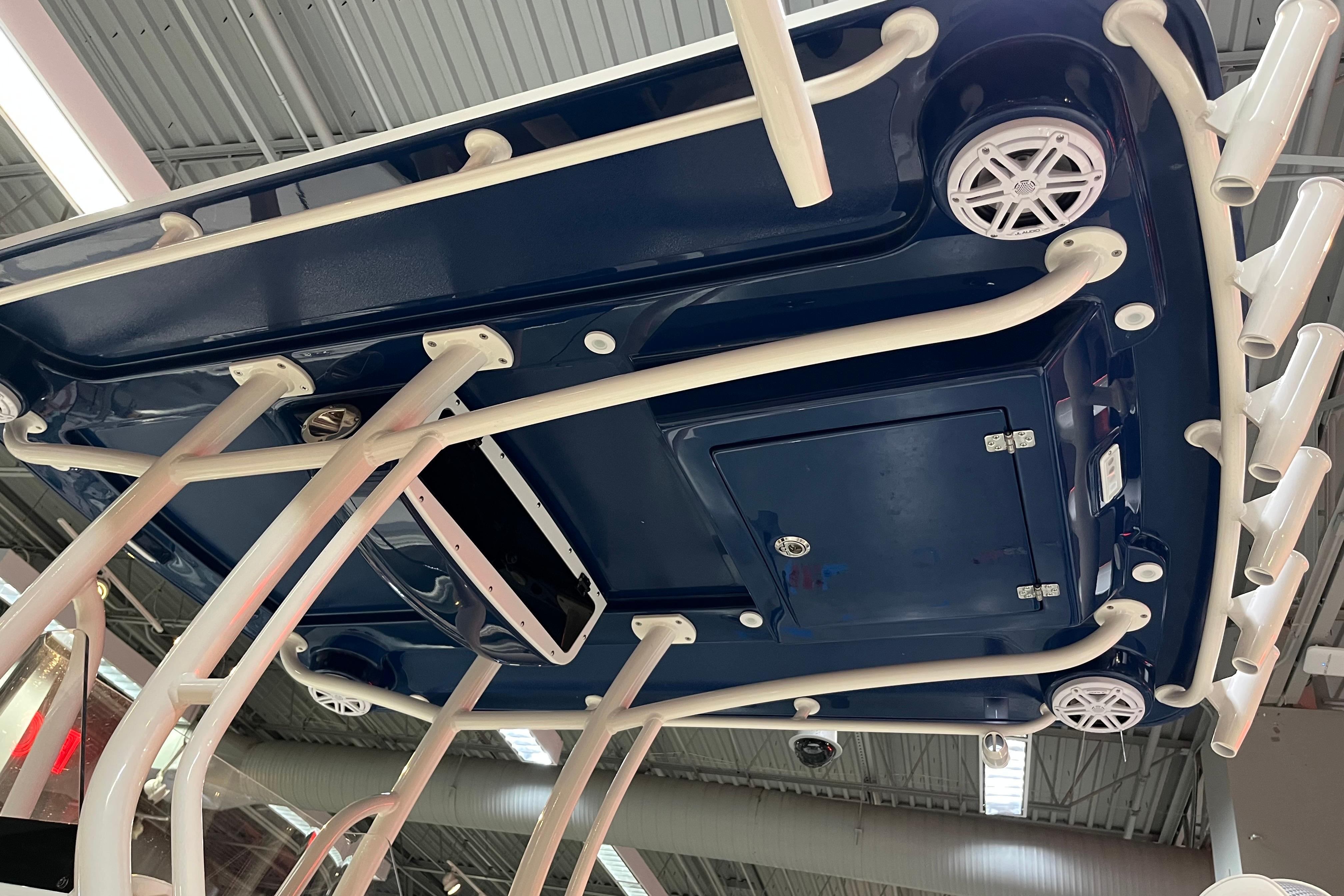 2026 Ranger 2510 Bay boat underside view with speakers and rod holders.