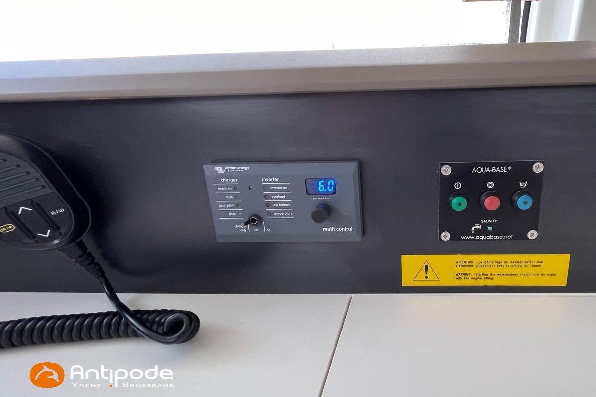 Control panel on a 2018 Bali 4.3 yacht with Victron Energy and Aqua-Base systems.