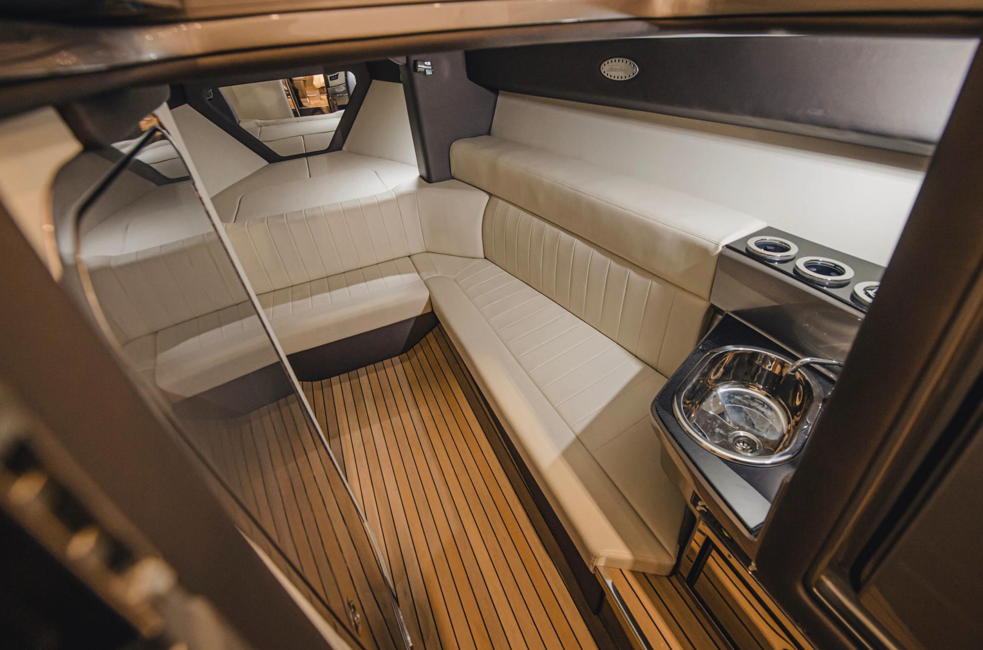 Interior of 2019 Nor-Tech 420 Monte Carlo with sleek upholstery.