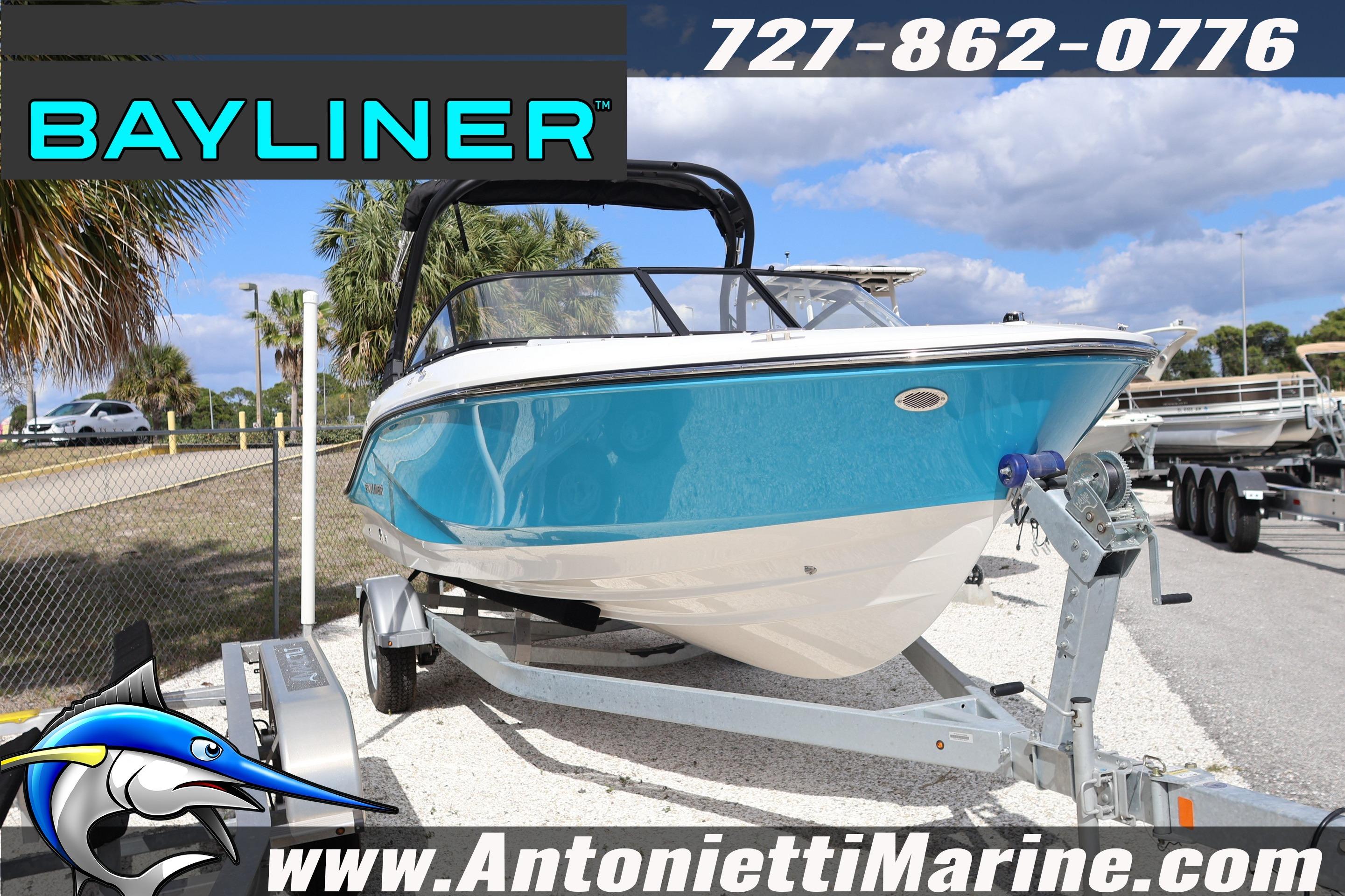 2026 Bayliner V20 boat on trailer at Antonietti Marine dealership.