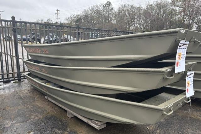 Stacked 2026 Tracker Grizzly 12 Jon boats in outdoor display.