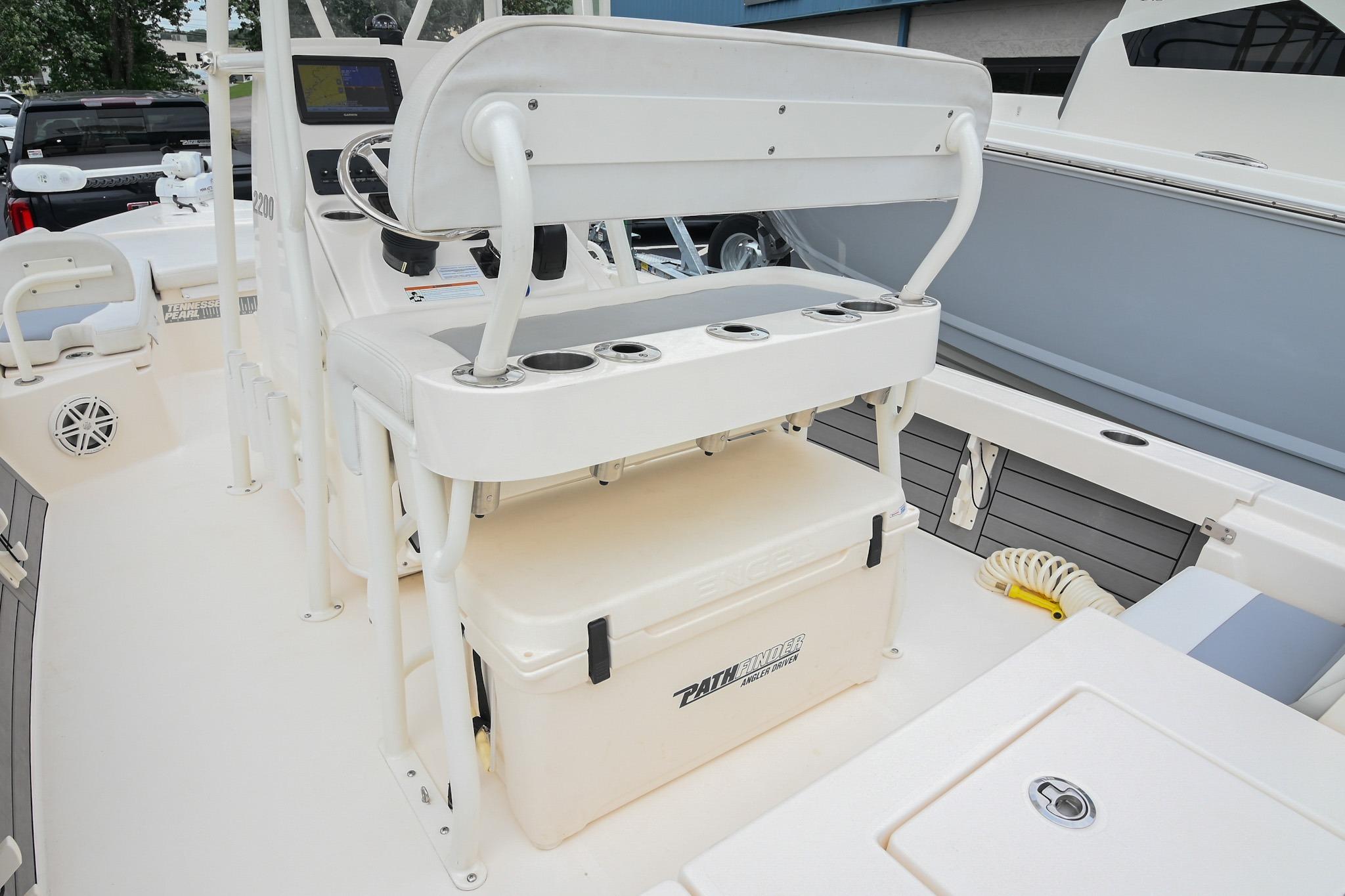 2021 Pathfinder 2200 TRS boat interior with seating and storage features.