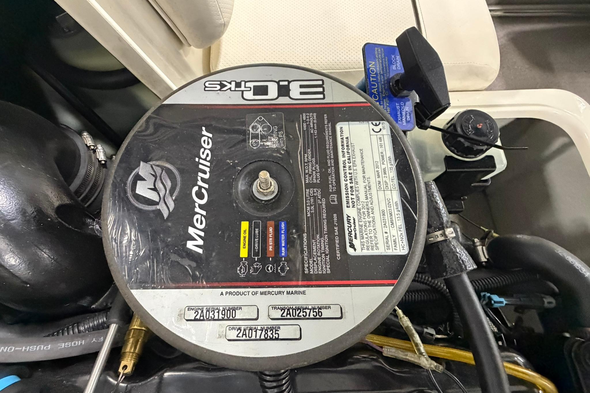 MerCruiser engine in a 2012 Bayliner 175 Bowrider boat, showing detailed specifications.