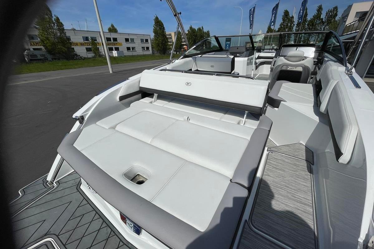 2021 Cobalt R6 boat interior with sleek white seating and modern design.
