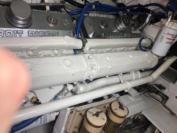 1997 Bertram Convertible engine compartment with Detroit Diesel engines.