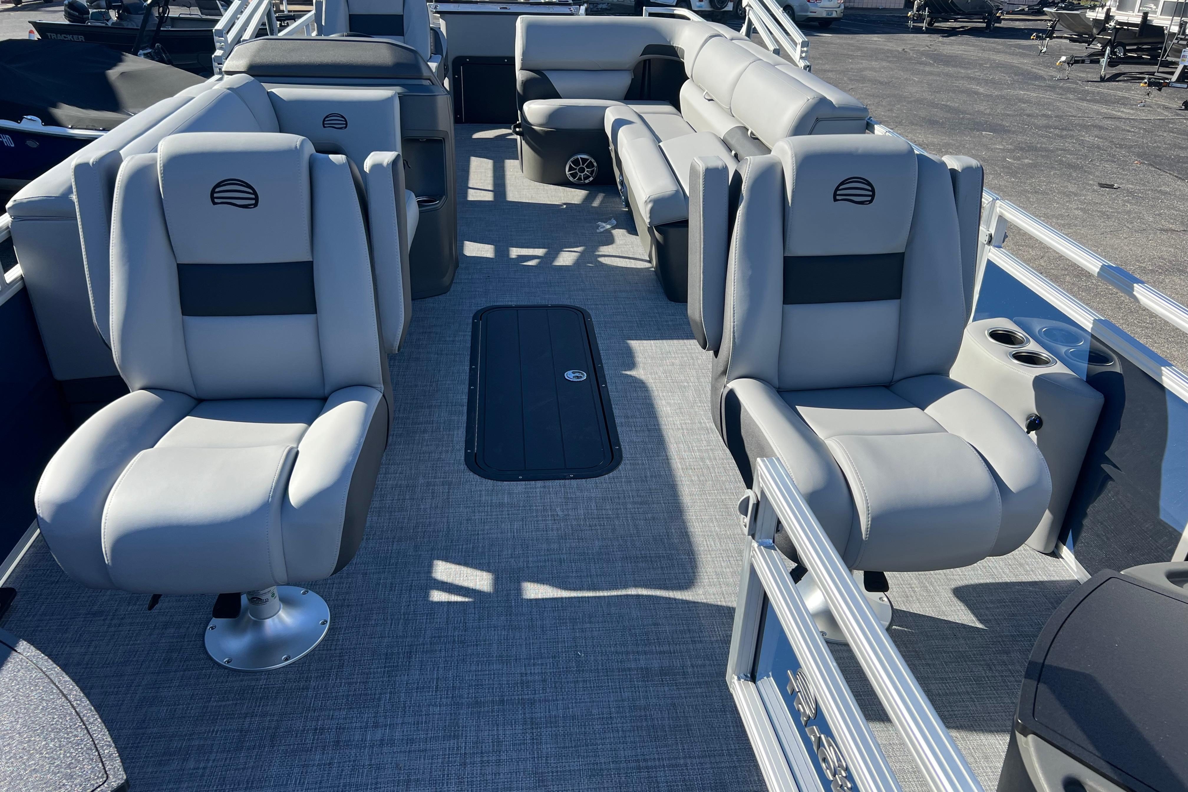 2026 Sun Tracker Sportfish 24 XP3 pontoon boat interior with plush seating and modern design.