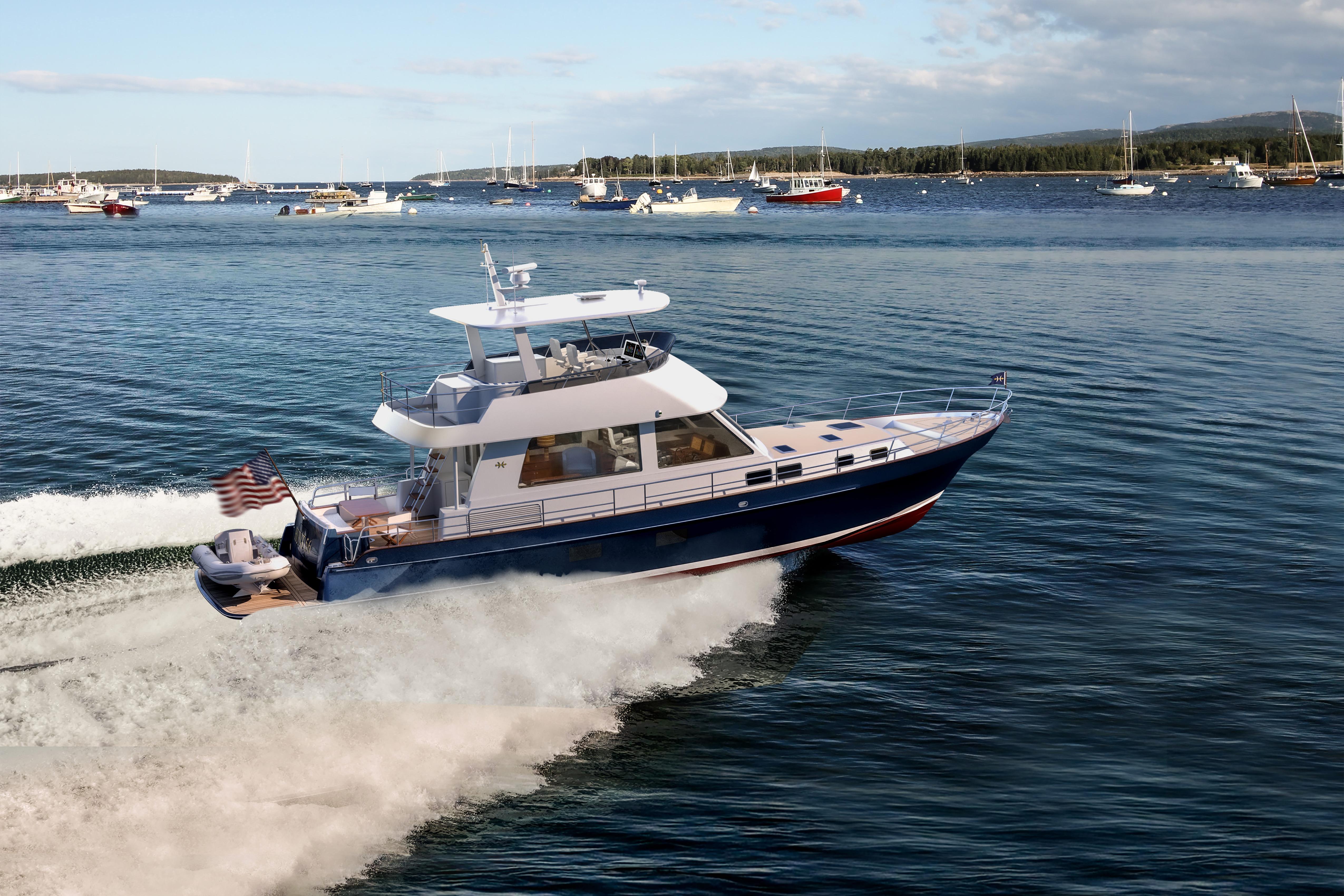 2027 Hunt Yachts 56 Ocean Flybridge cruising on a scenic waterway.