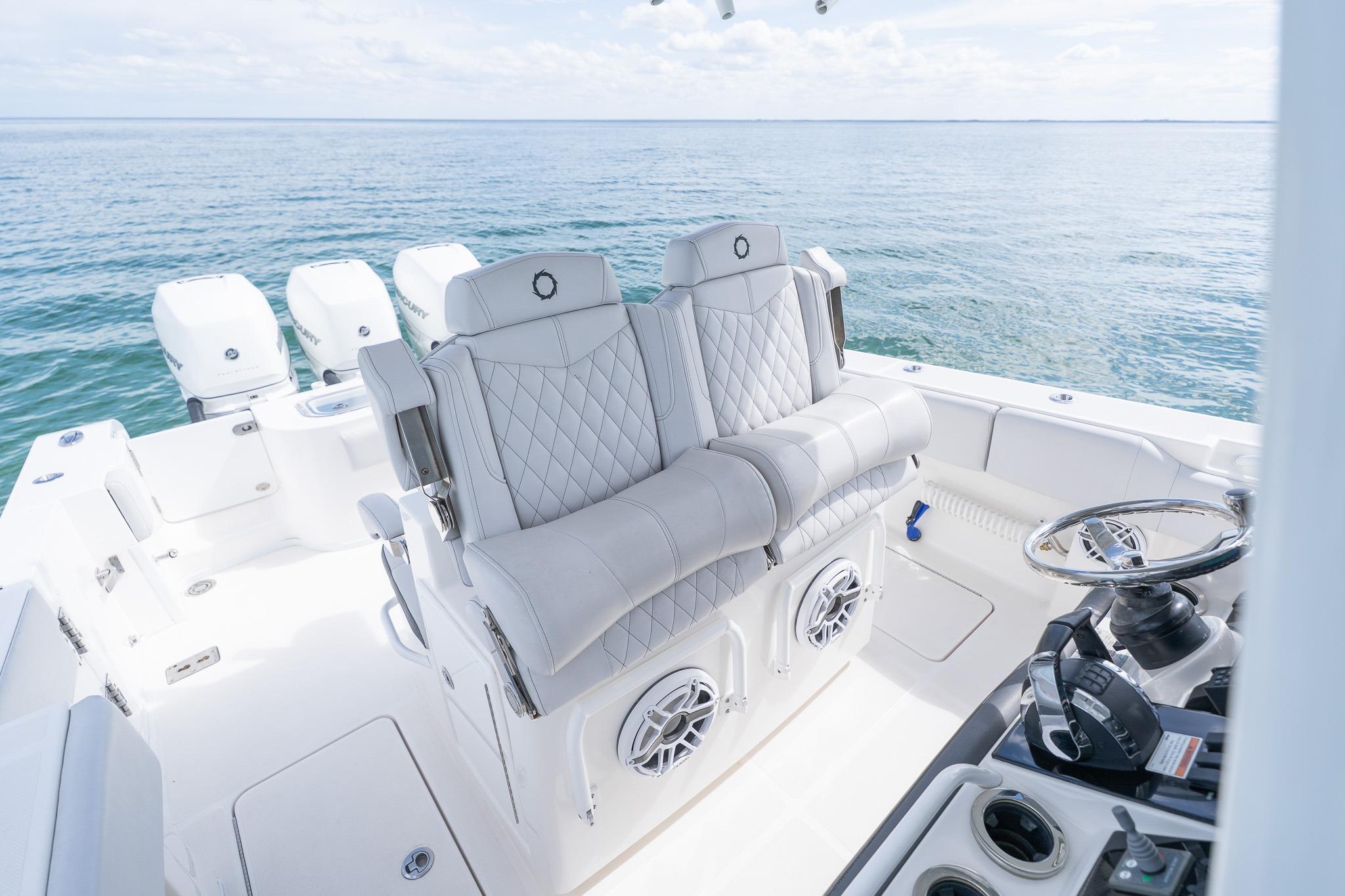 2021 Fountain 38 Center Console boat interior with luxurious seating and ocean view.