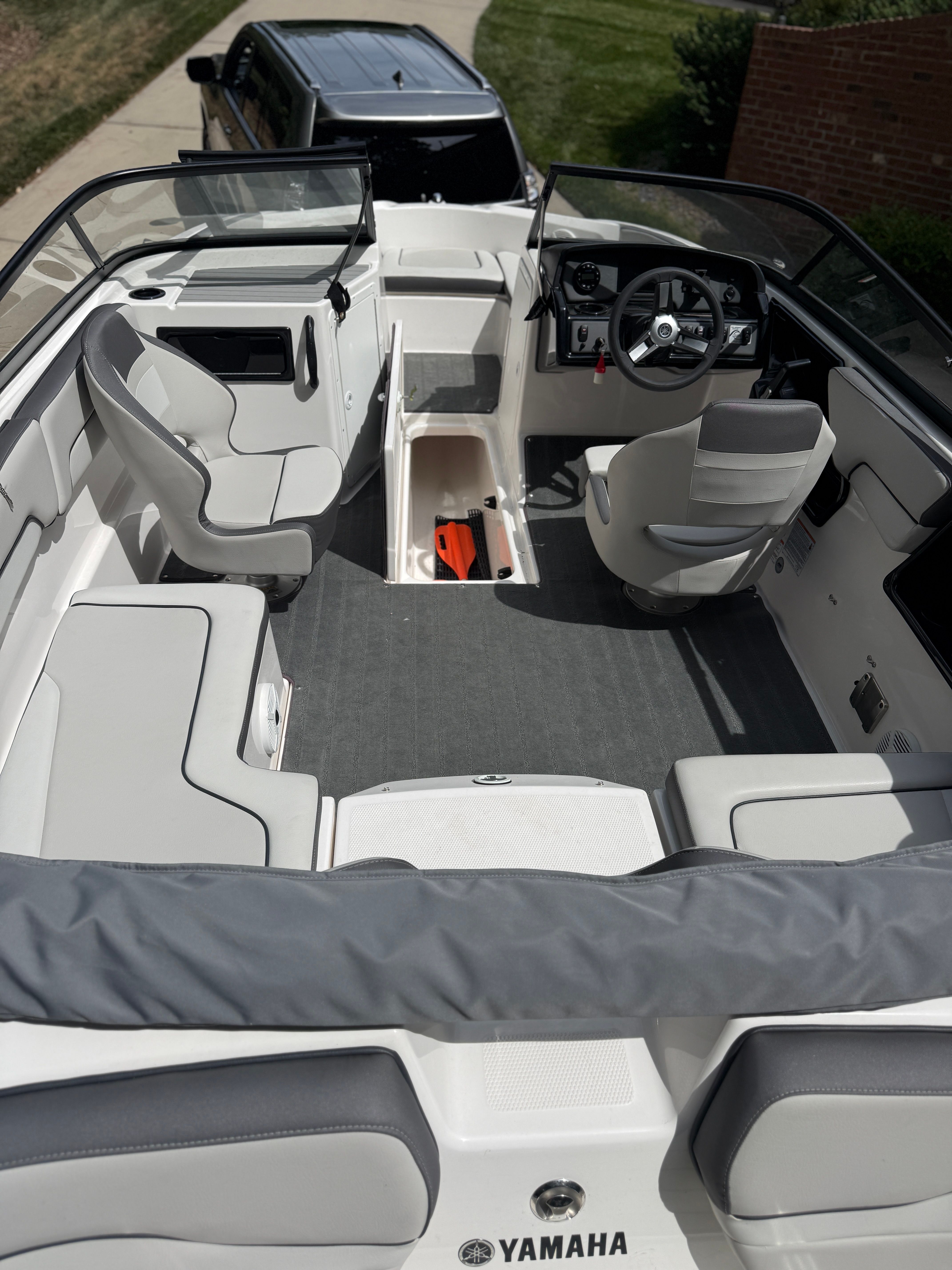 Interior of a 2023 Yamaha SX190 boat, modern design.