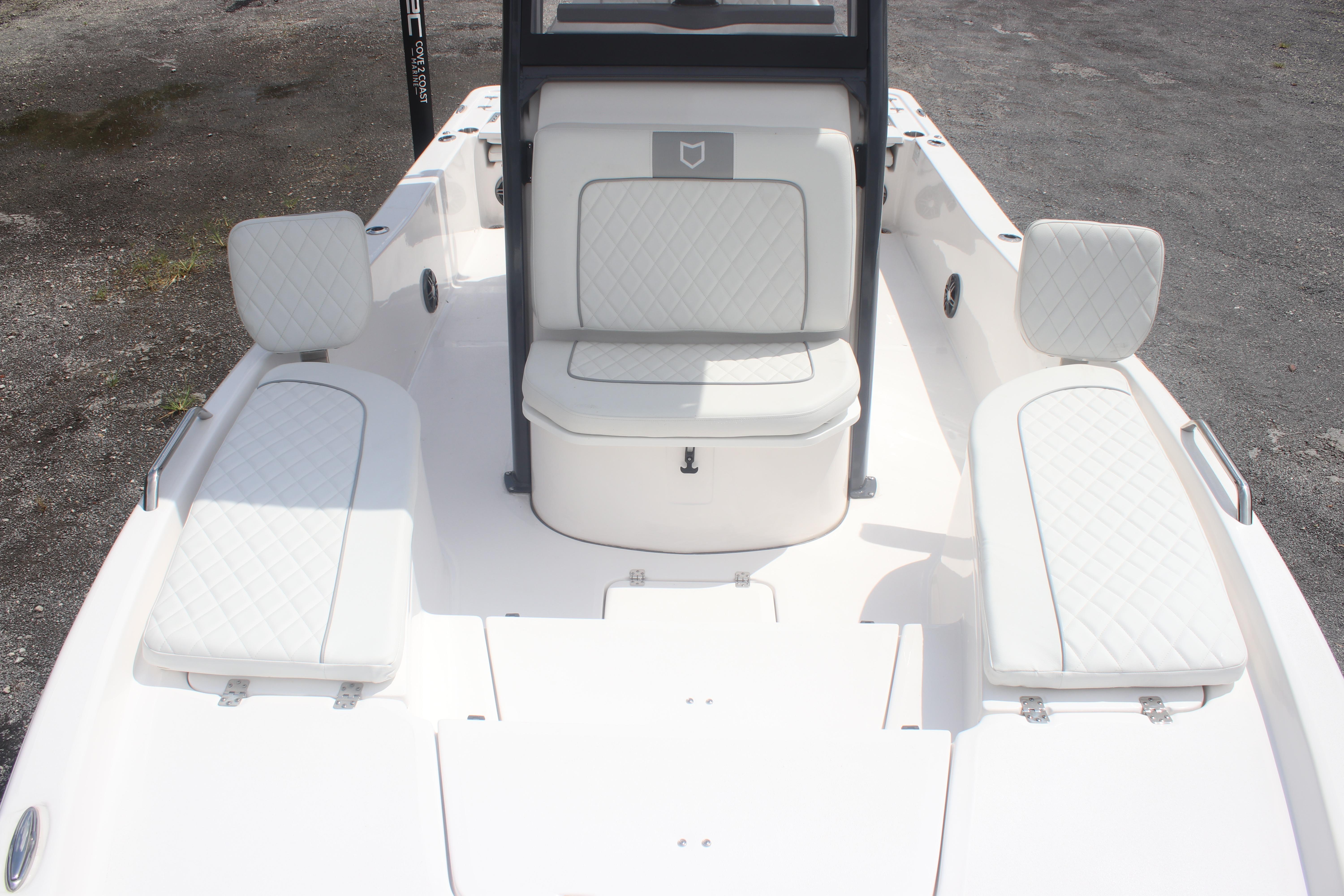 2025 Sea Fox 231 Bay Fox boat interior with white cushioned seating.
