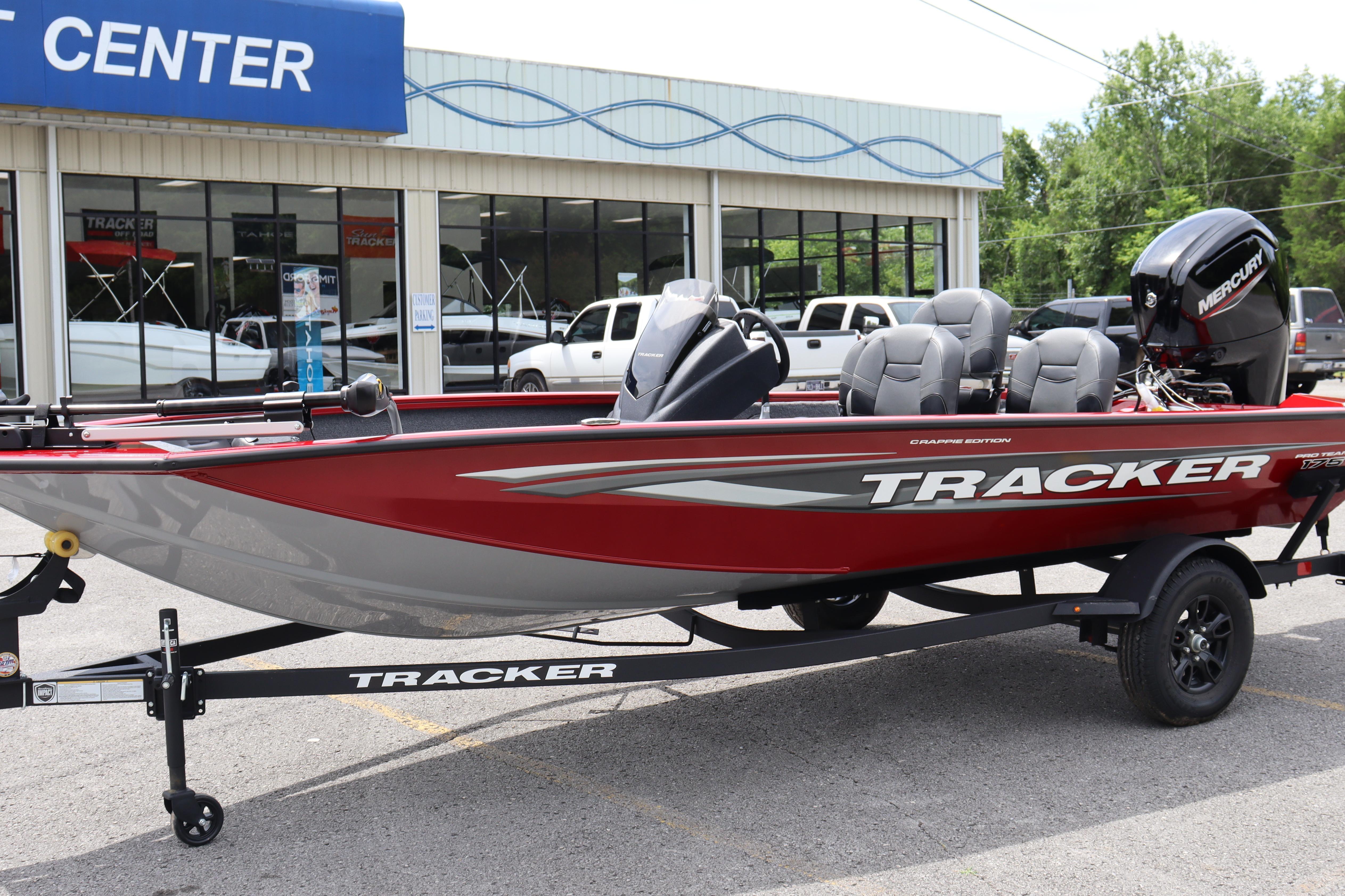 2026 Tracker Pro Team 175 Crappie Edition boat displayed at dealership.