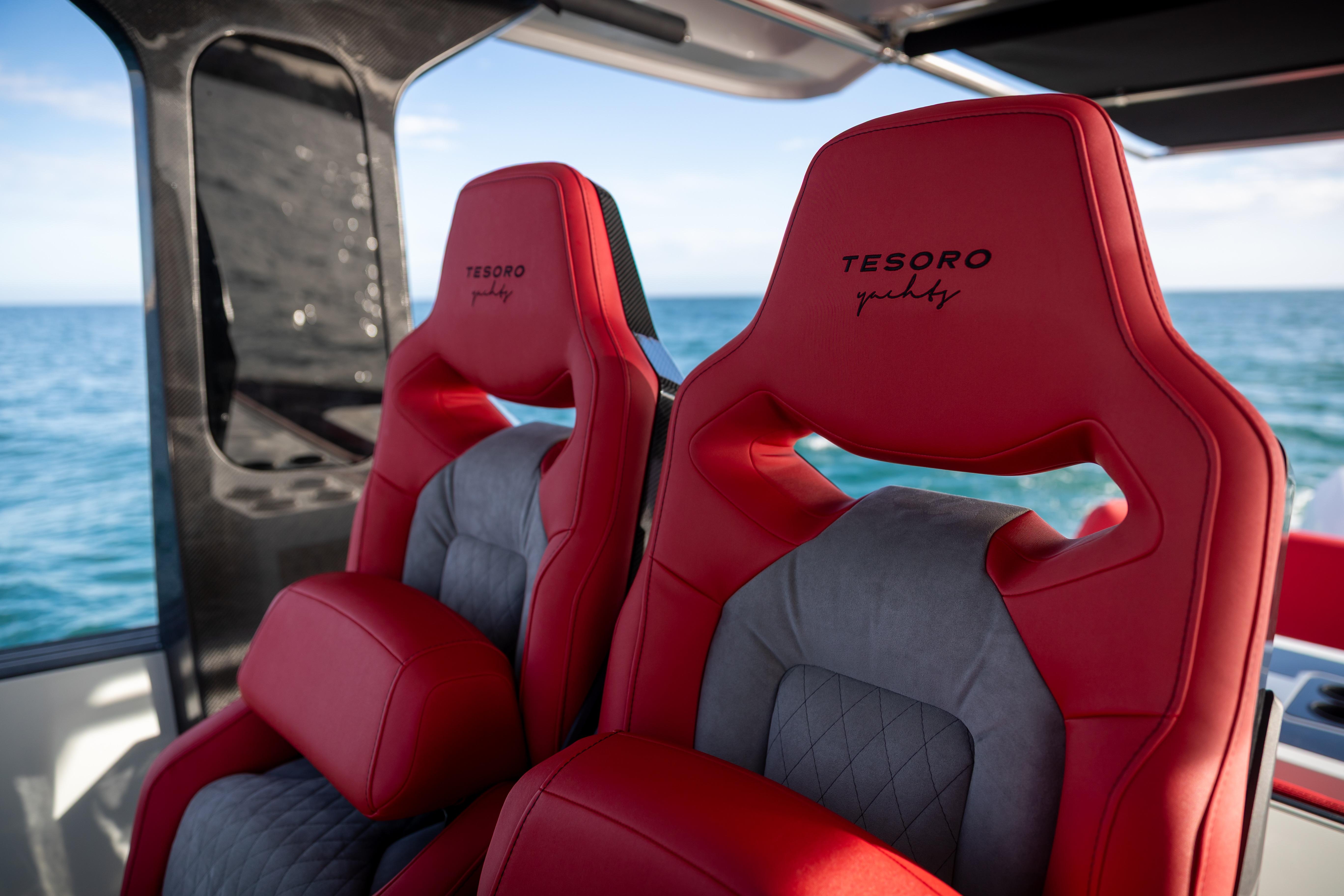 Luxurious red seats on Tesoro 40 GTS yacht, 2026 model.