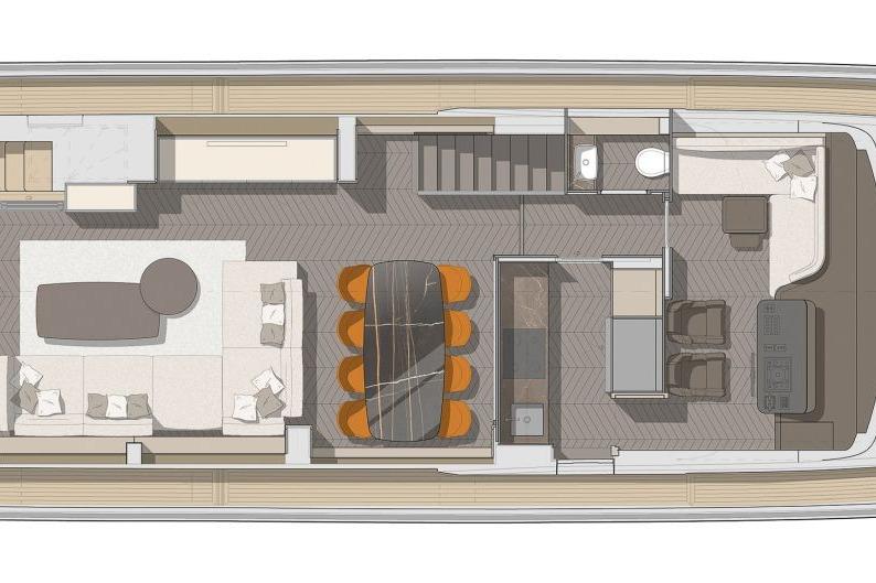 Floor plan of 2026 Cranchi Settantotto 78 yacht, featuring modern interior layout.