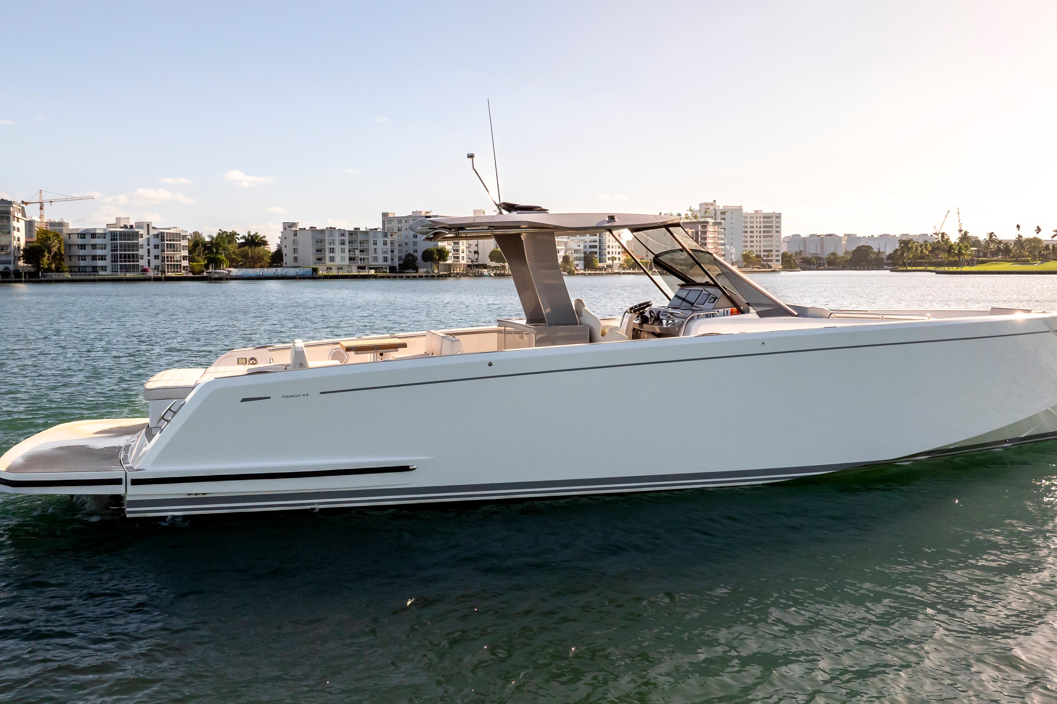 2024 Pardo Yachts P43 luxury yacht on calm water with cityscape background.