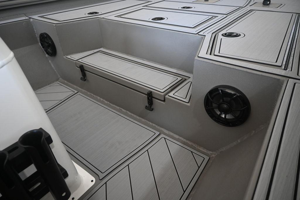 Interior of 2026 Thor Lake Hammer 1900CC boat with sleek seating and storage compartments.