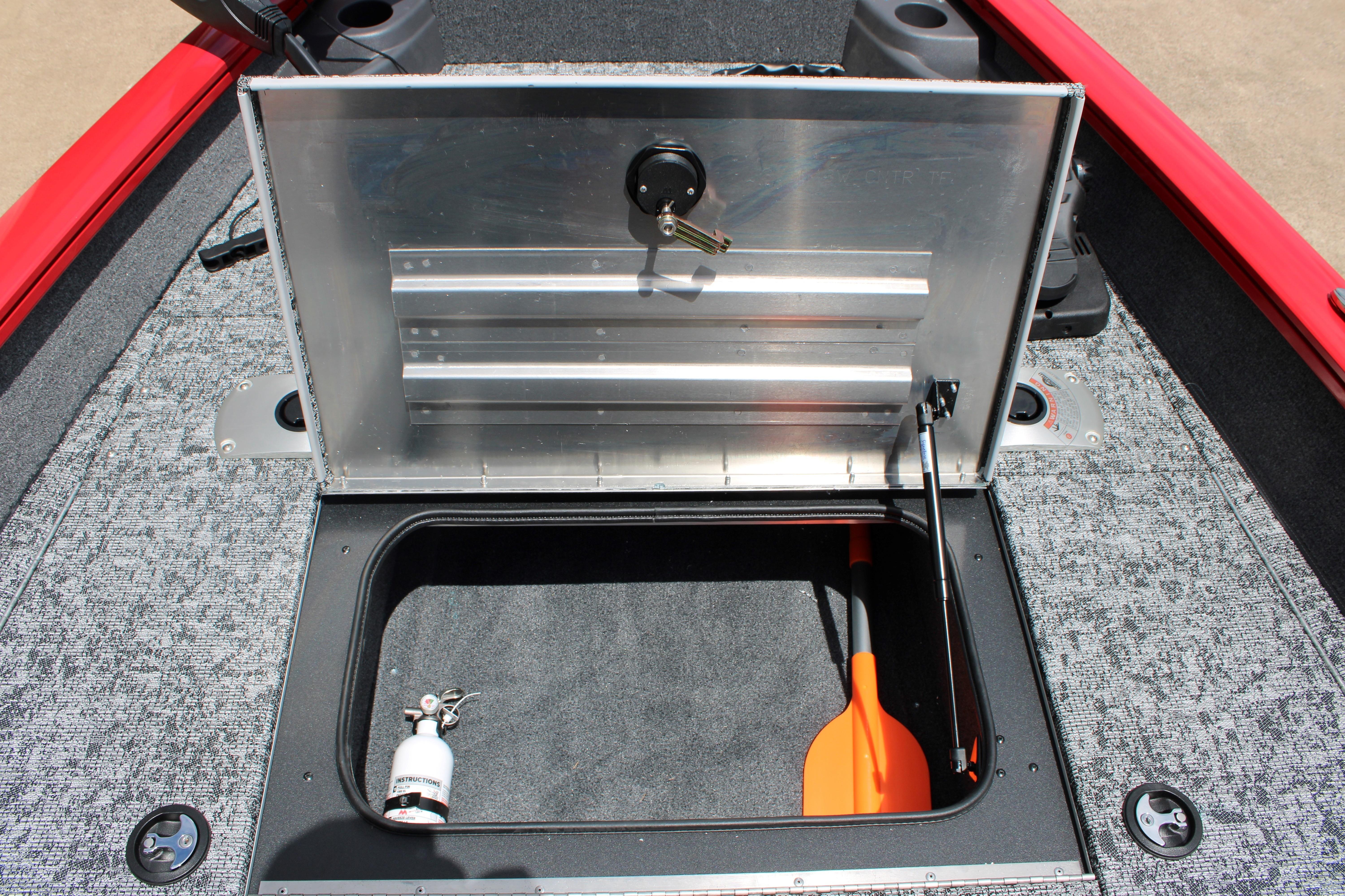 Open storage compartment on 2026 Tracker Pro Team 175 Crappie Edition boat.