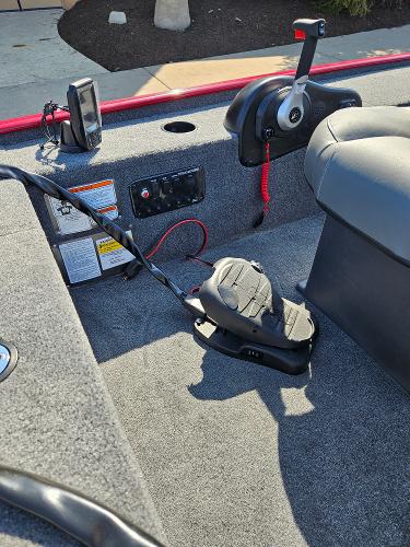 2025 Tracker Panfish 17 boat interior with control panel and foot pedal.