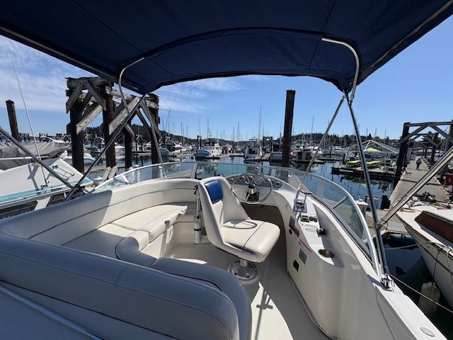 Interior view of a 2008 Bayliner Discovery yacht at the marina.