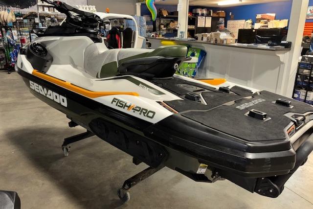 2020 Sea-Doo FISH PRO jet ski displayed indoors, showcasing sleek design and features.