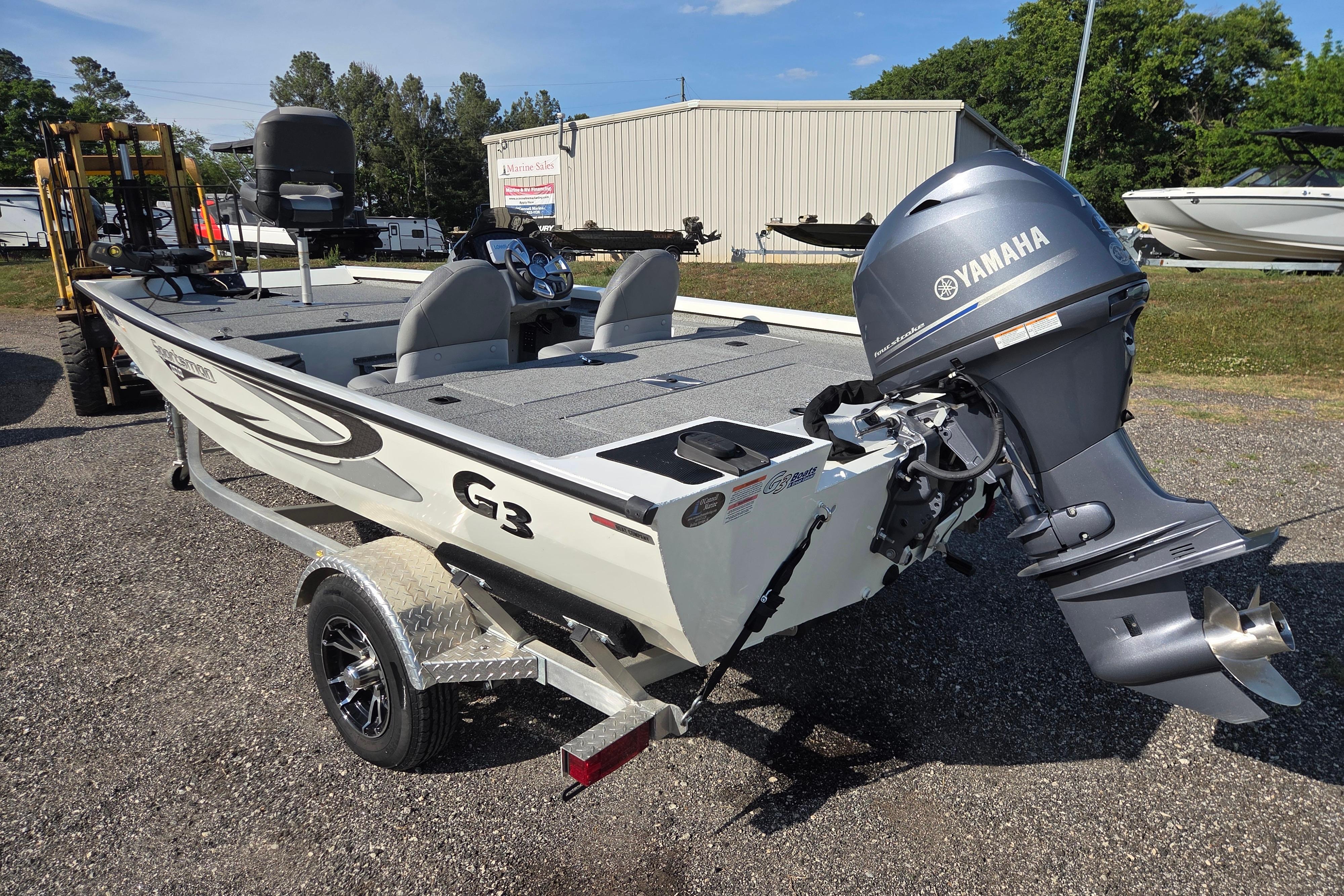 2022 G3 Sportsman 1610 boat with Yamaha outboard motor on trailer.