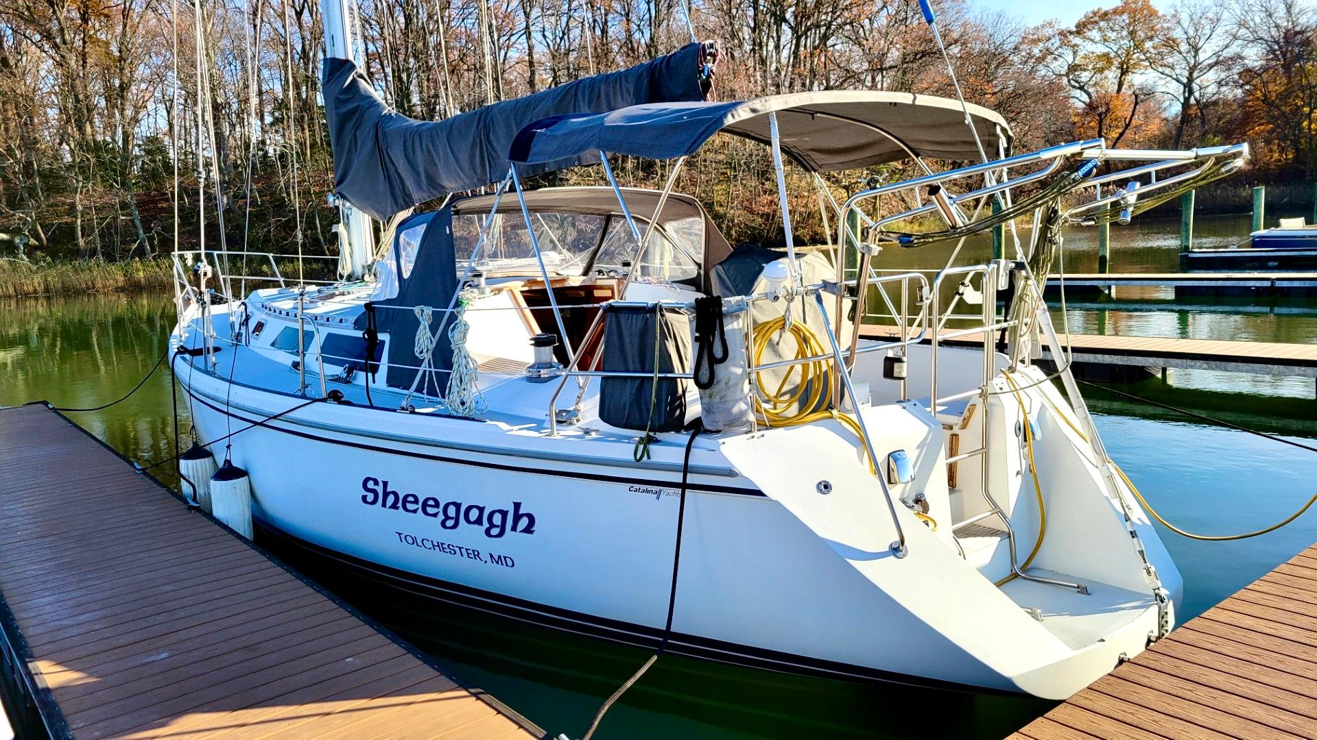 1989 Catalina 42 sailboat docked, named "Sheegagh," with covered cockpit and wooded background.