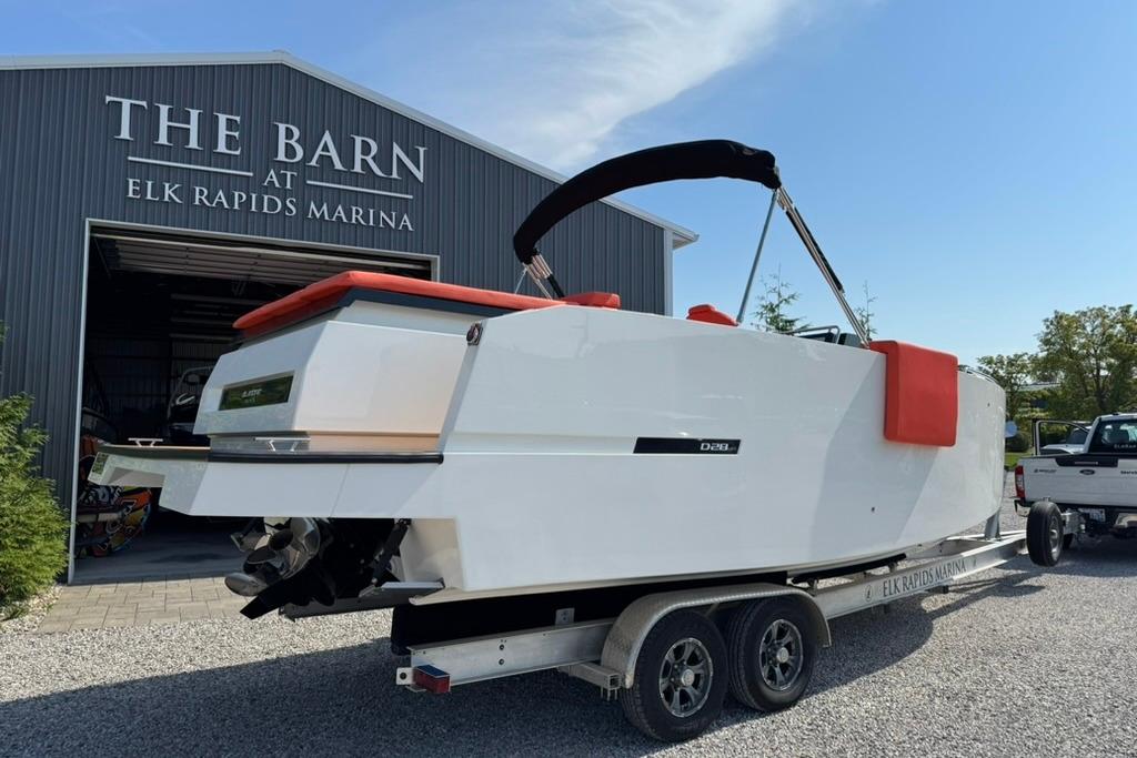 2020 De Antonio Yachts D28 on trailer at Elk Rapids Marina.