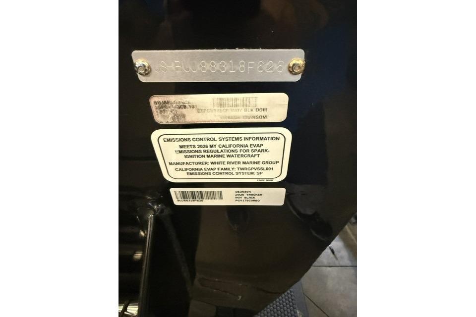 2026 Tracker Pro Guide V-175 Combo emissions control information label on marine watercraft.