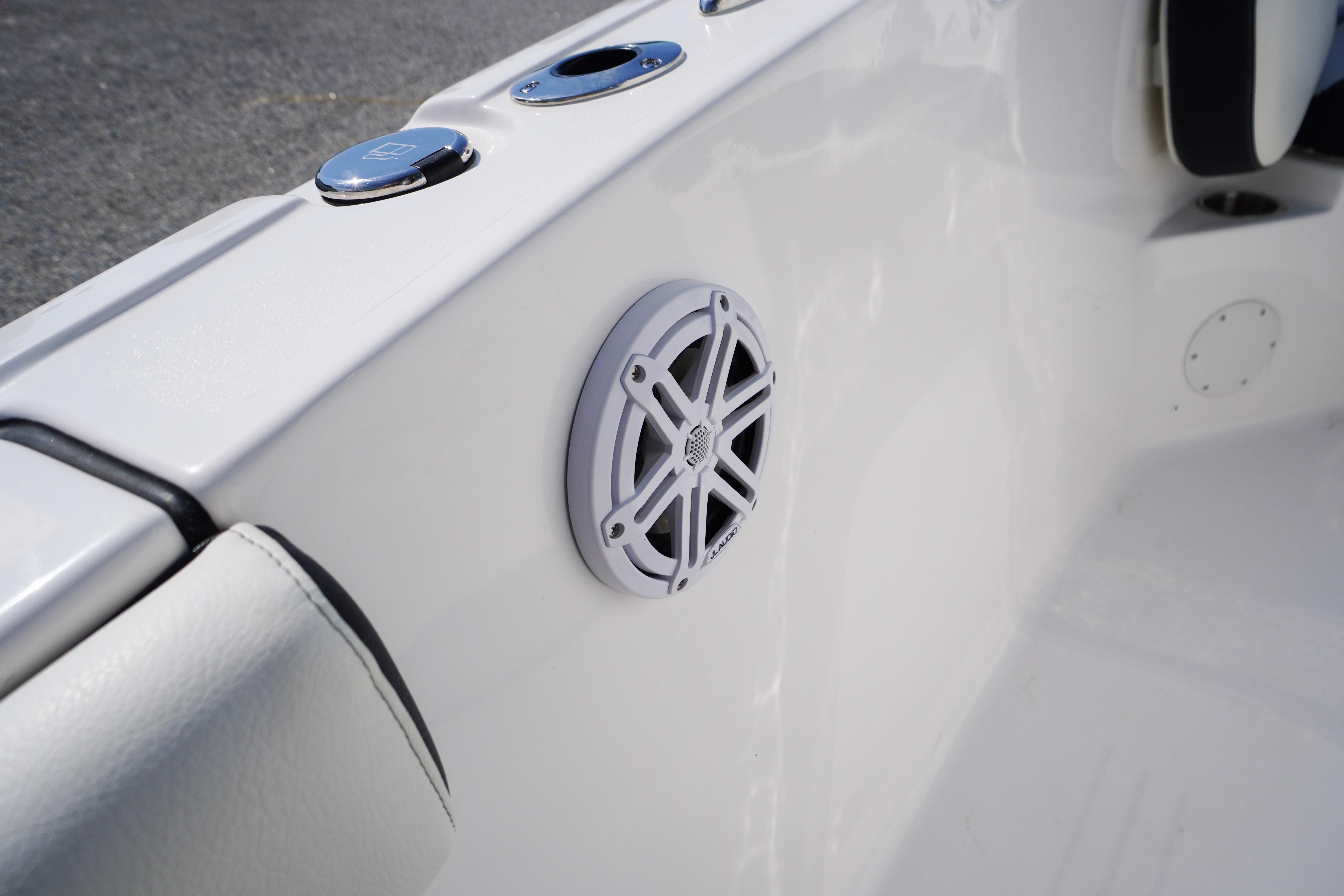 2025 Tidewater 232 SS boat interior with speaker and control panel.