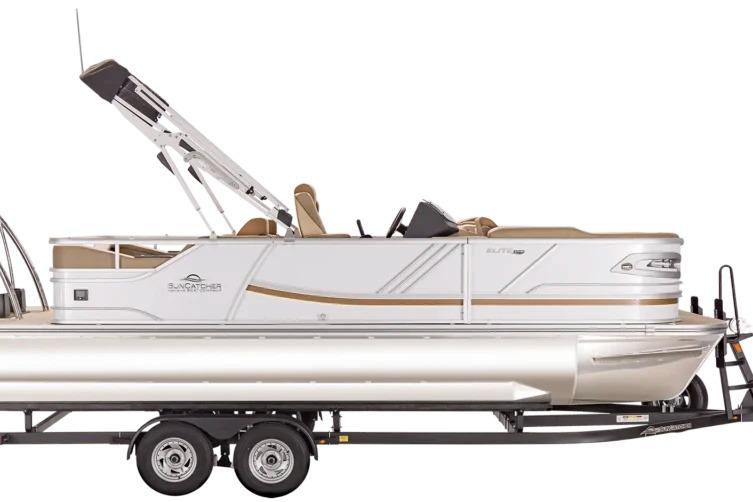 2026 SunCatcher Elite 322SR pontoon boat on trailer, featuring sleek design and modern amenities.