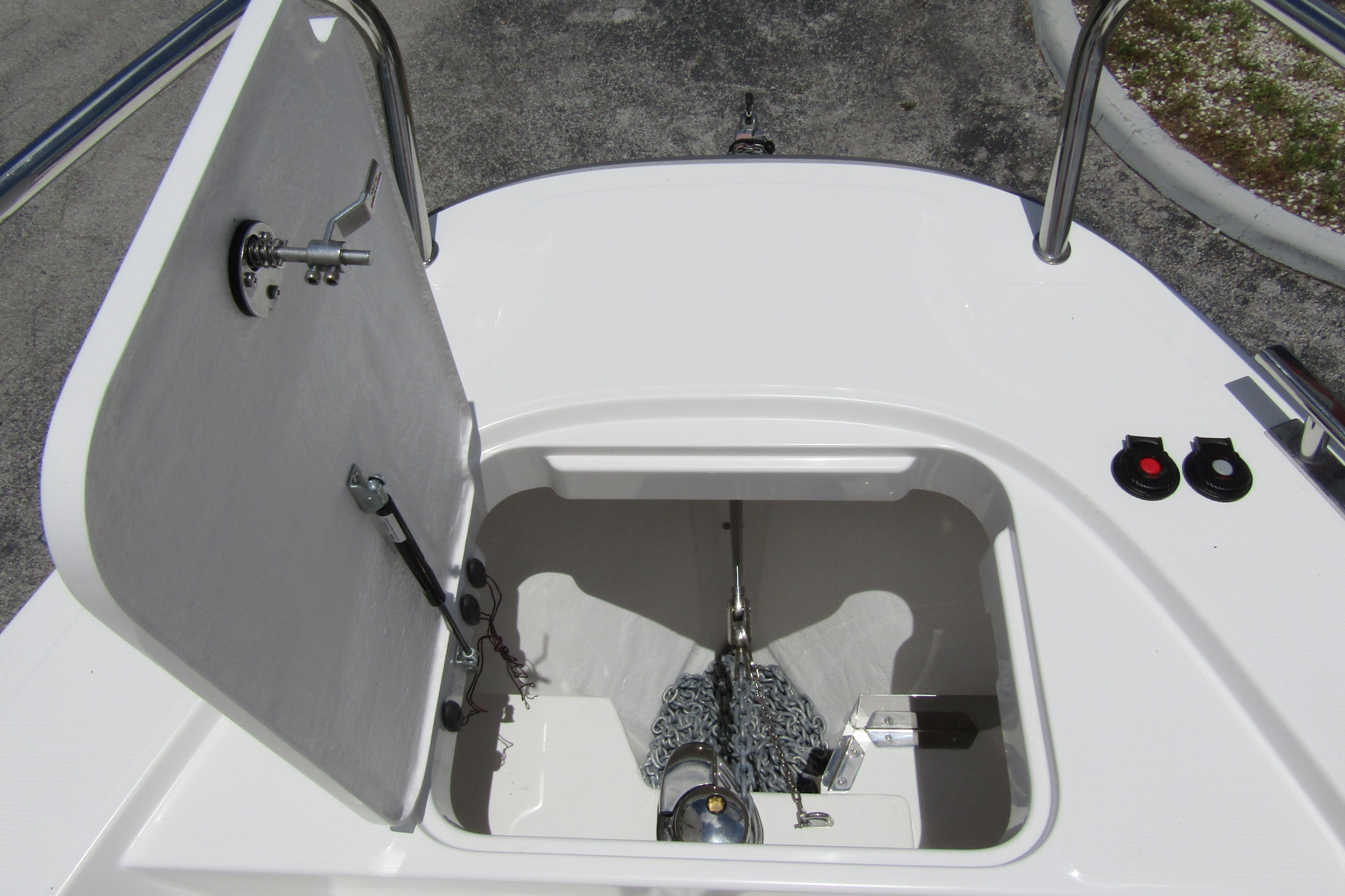 Anchor compartment of 2025 Nimbus Tender 11 boat, featuring chain storage and secure latch.