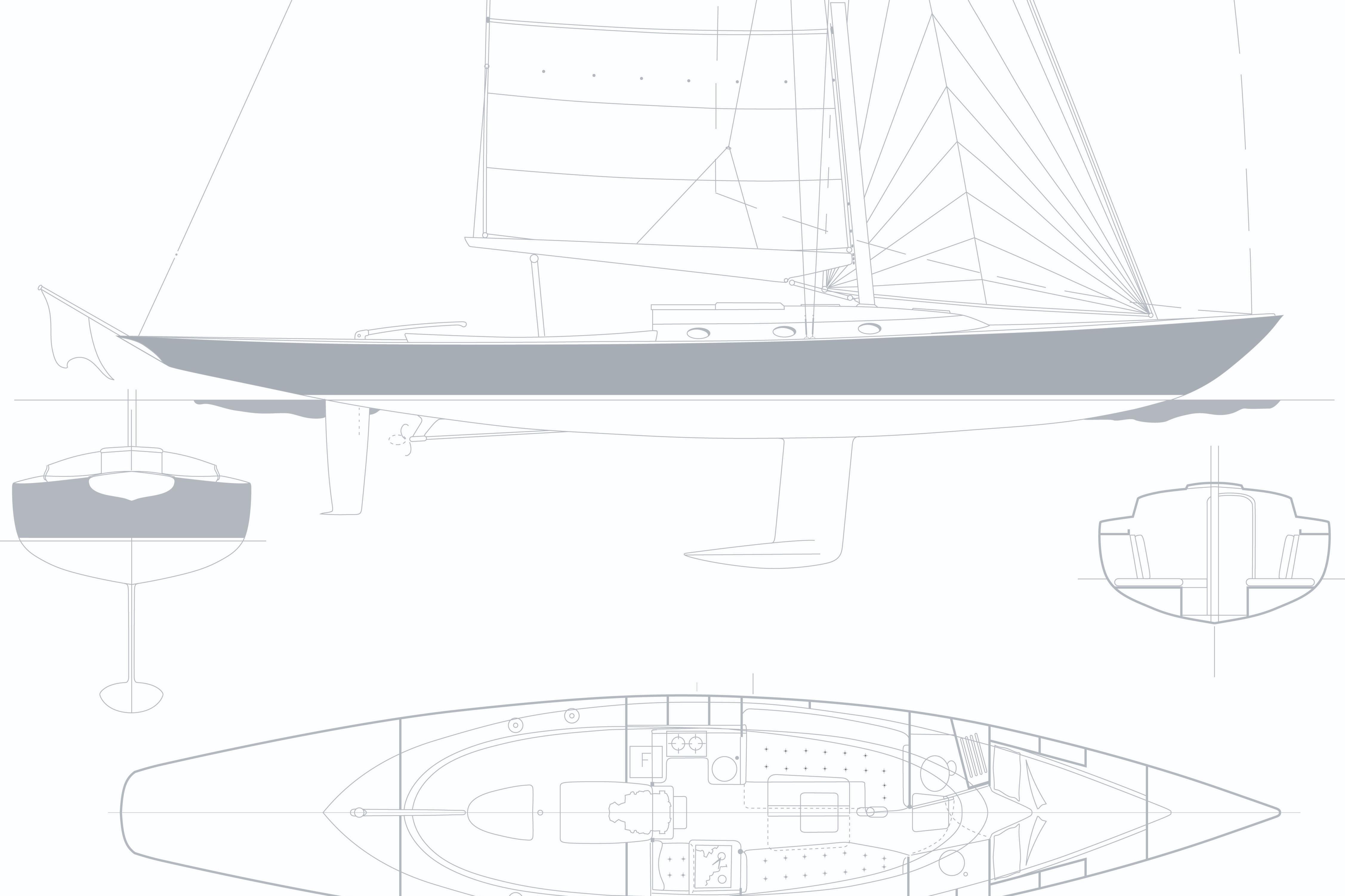 Blueprint of 2010 Spirit Yachts R46 sailboat, showcasing side and top views.