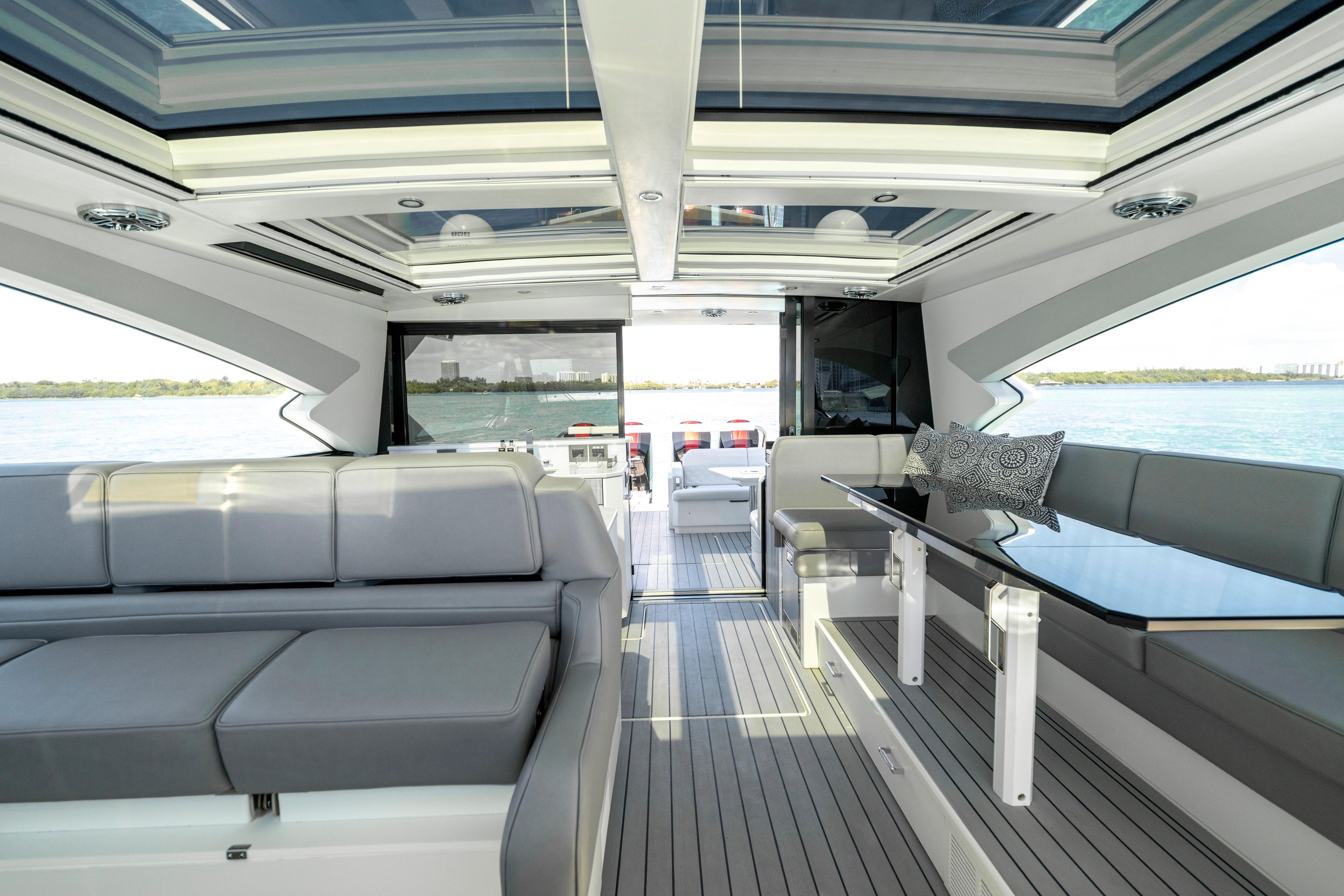 Luxurious interior of 2022 Formula 500 Super Sport Crossover yacht with sleek seating and panoramic views.