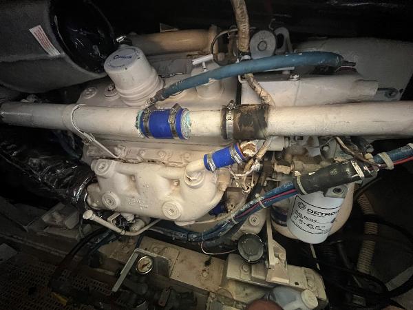 Engine of 1985 Hatteras 45 Convertible boat, showcasing mechanical components.