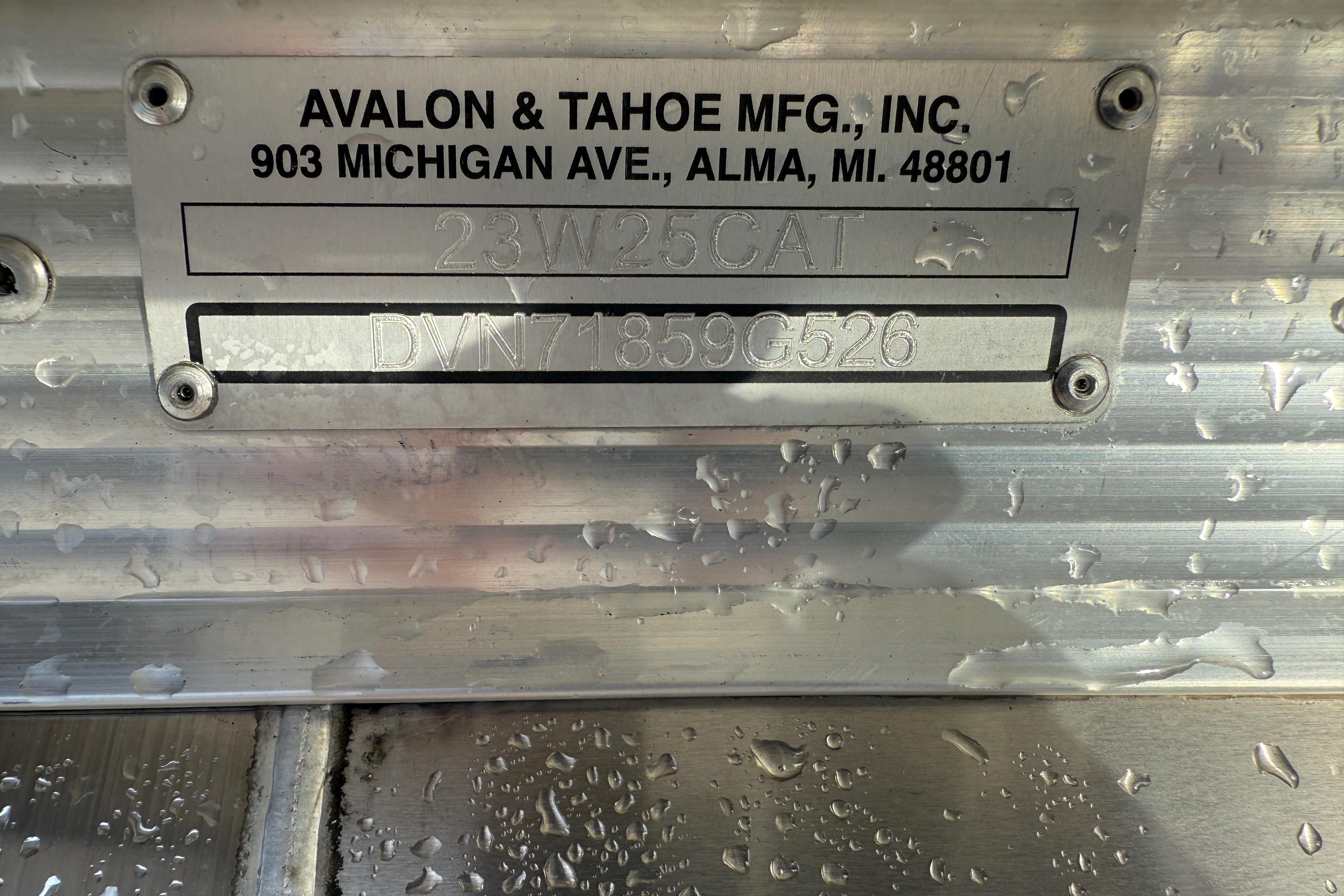 Metal identification plate on Avalon 2385 Catalina Quad Lounger, Tri Toon High Performance, 2026 model.