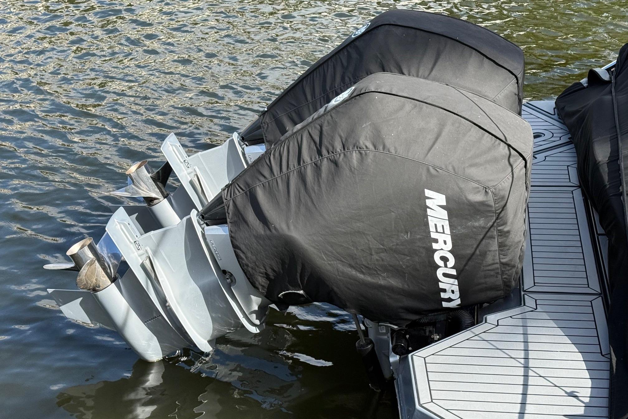 Twin Mercury outboard engines on 2021 Cruisers Yachts 338 CX South Beach Bow Rider.