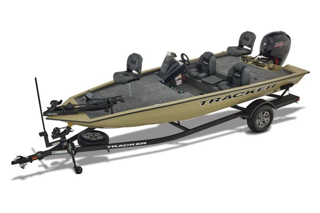 2026 Tracker Pro Team 195 fishing boat on trailer, featuring spacious seating and modern design.