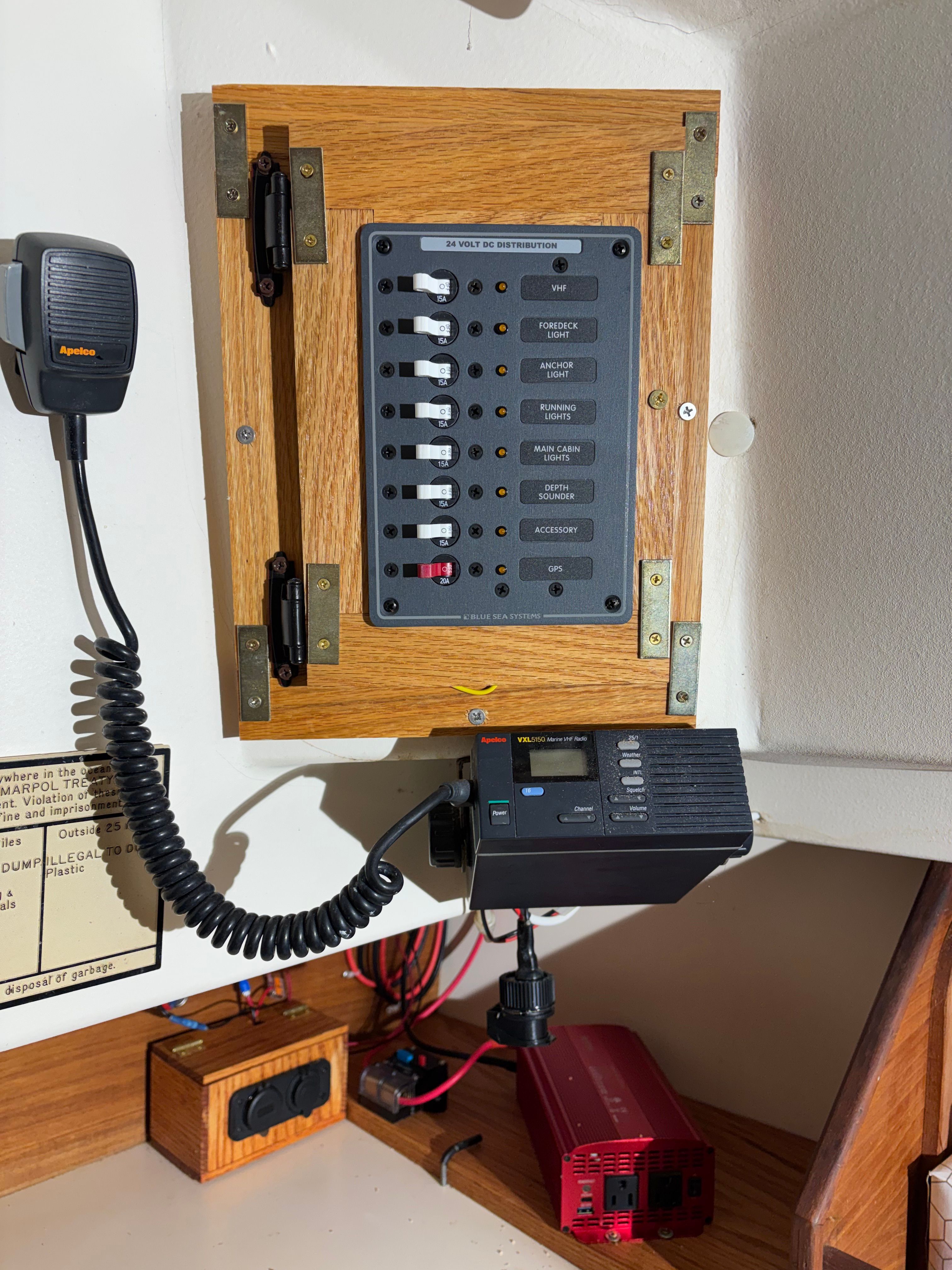Electrical control panel on a 1986 Cape Dory 26 boat.