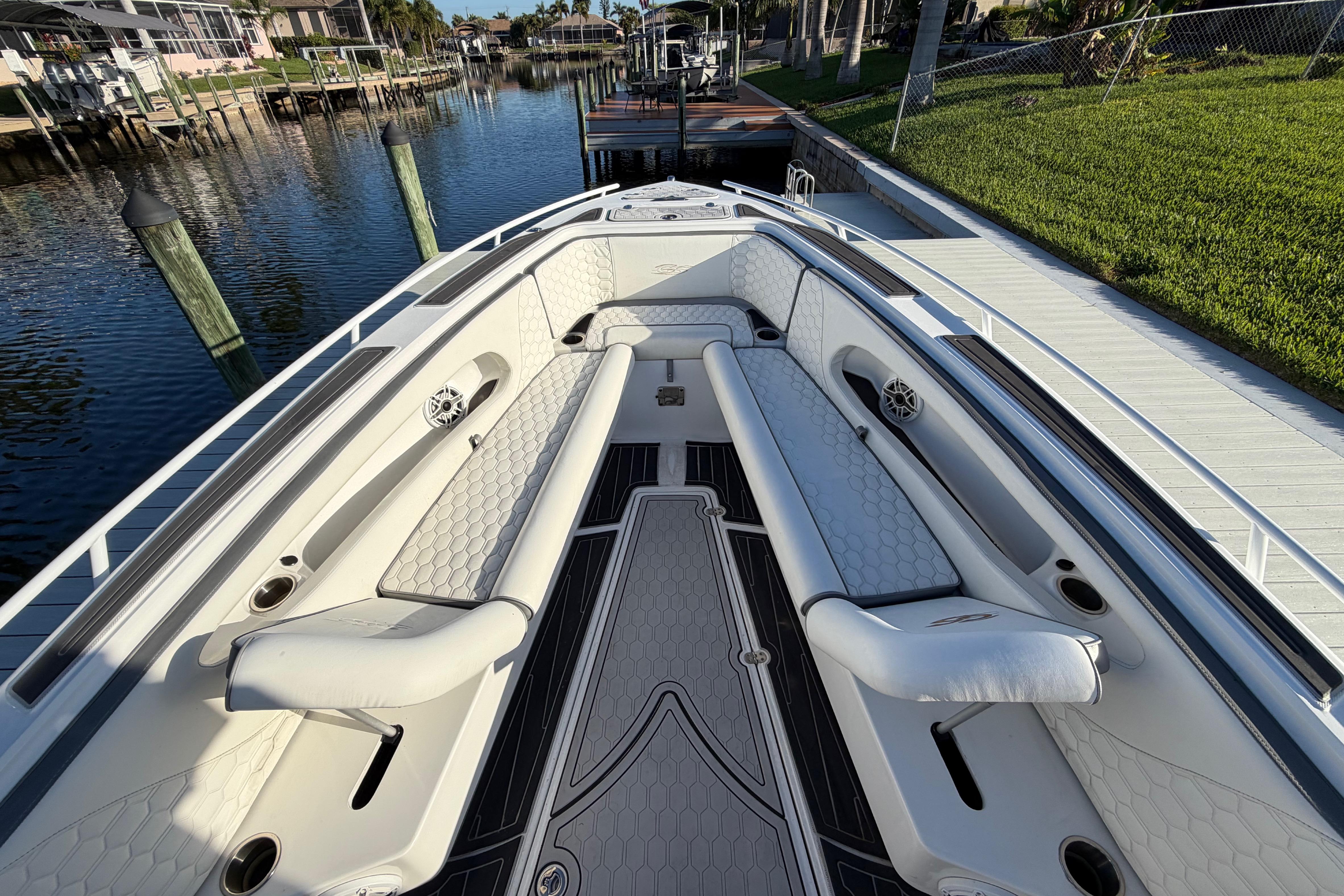 2022 Glasstream 328 Pro-XS boat interior with luxurious seating and waterfront view.
