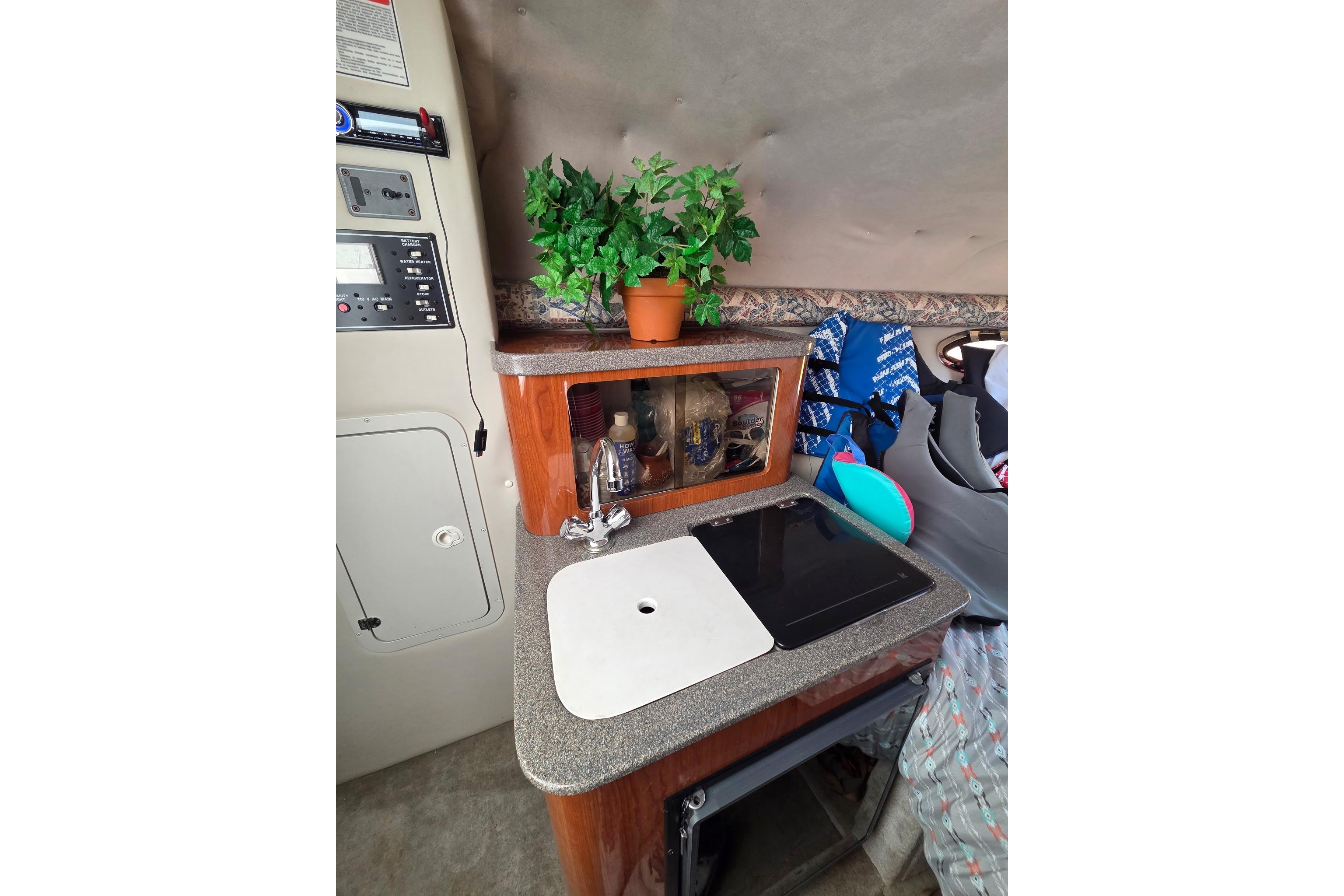 2001 Crownline 242 CR boat interior with kitchenette, sink, and potted plant.