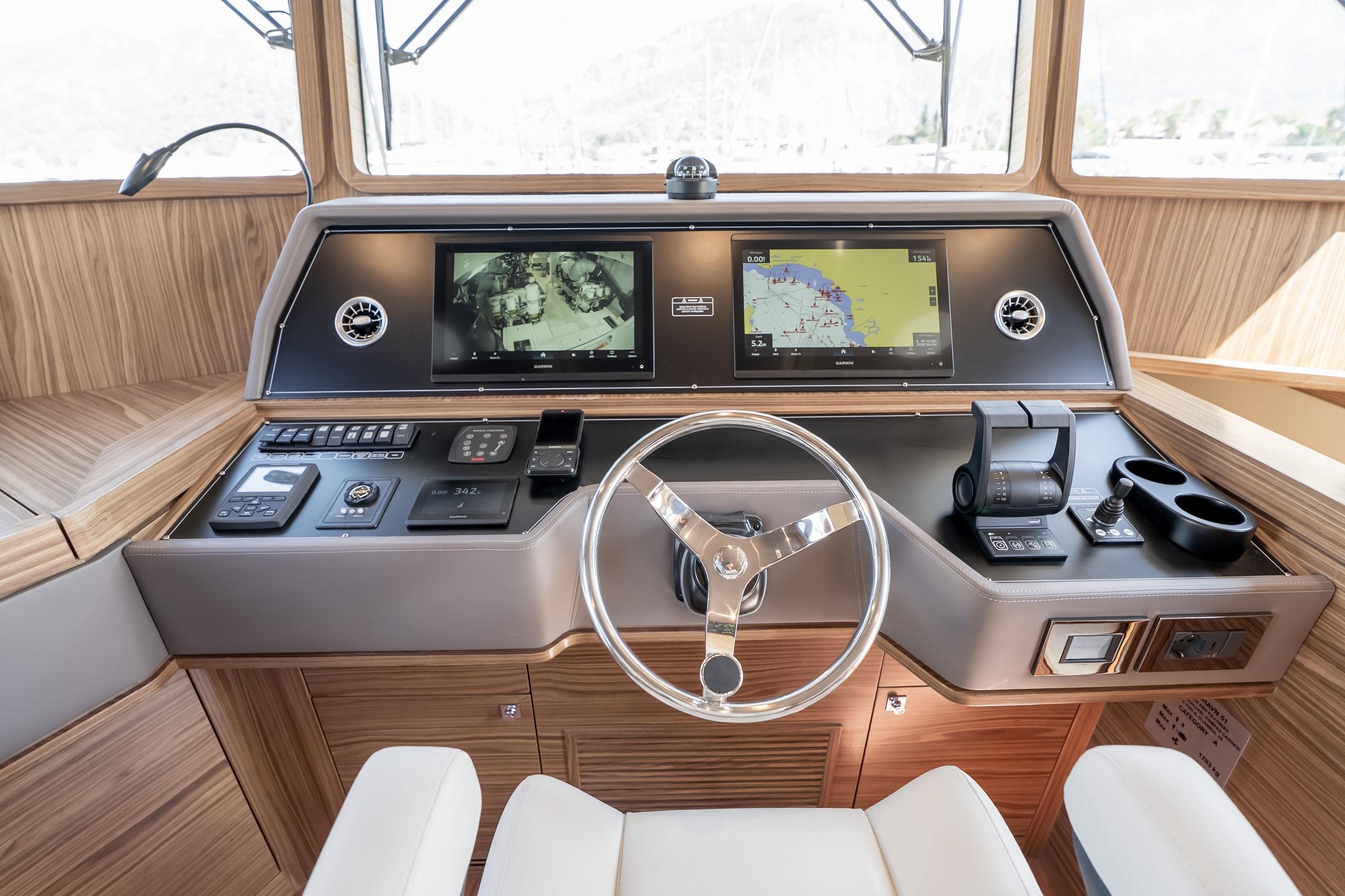 2024 Nordhavn 51 yacht helm with navigation screens and controls.