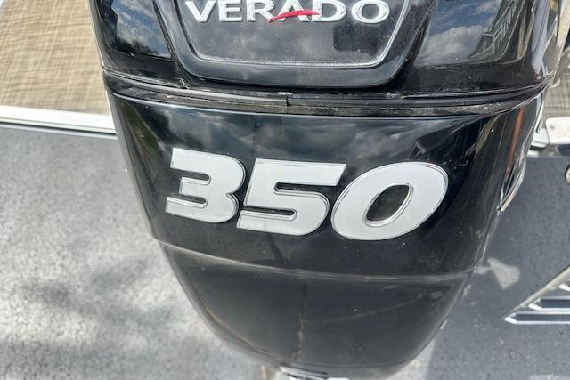 Outboard motor with "Verado 350" branding on a 2020 Harris Solstice 250 boat.