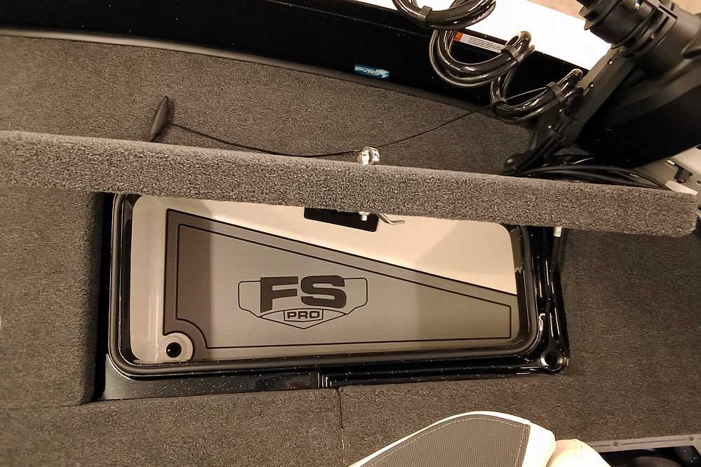 2026 Ranger 620xFS Pro boat interior with FS Pro logo on storage compartment.