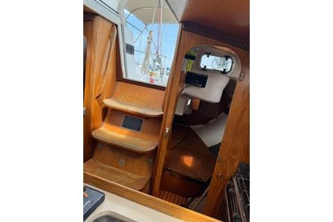 Interior view of a 1986 Beneteau First 305 sailboat, showcasing wooden steps and cozy cabin space.