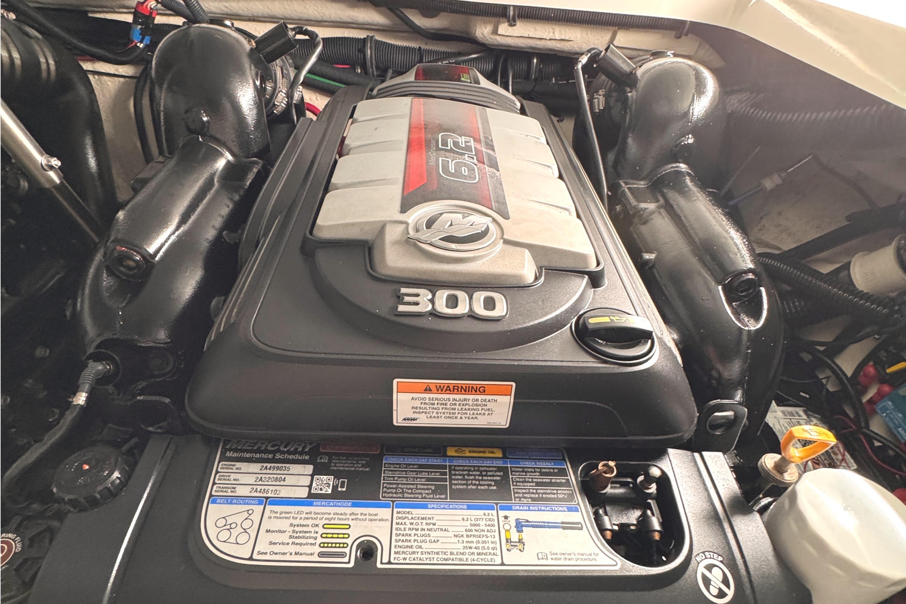 Engine of 2016 Formula 310 Bowrider boat, featuring a 300 horsepower Mercury motor.
