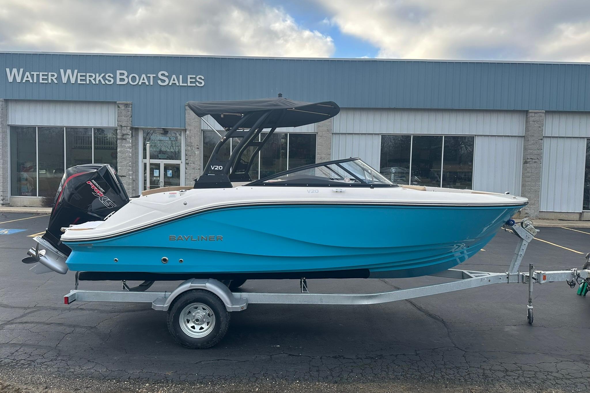 2026 Bayliner V20 boat on trailer at Water Werks Boat Sales dealership.
