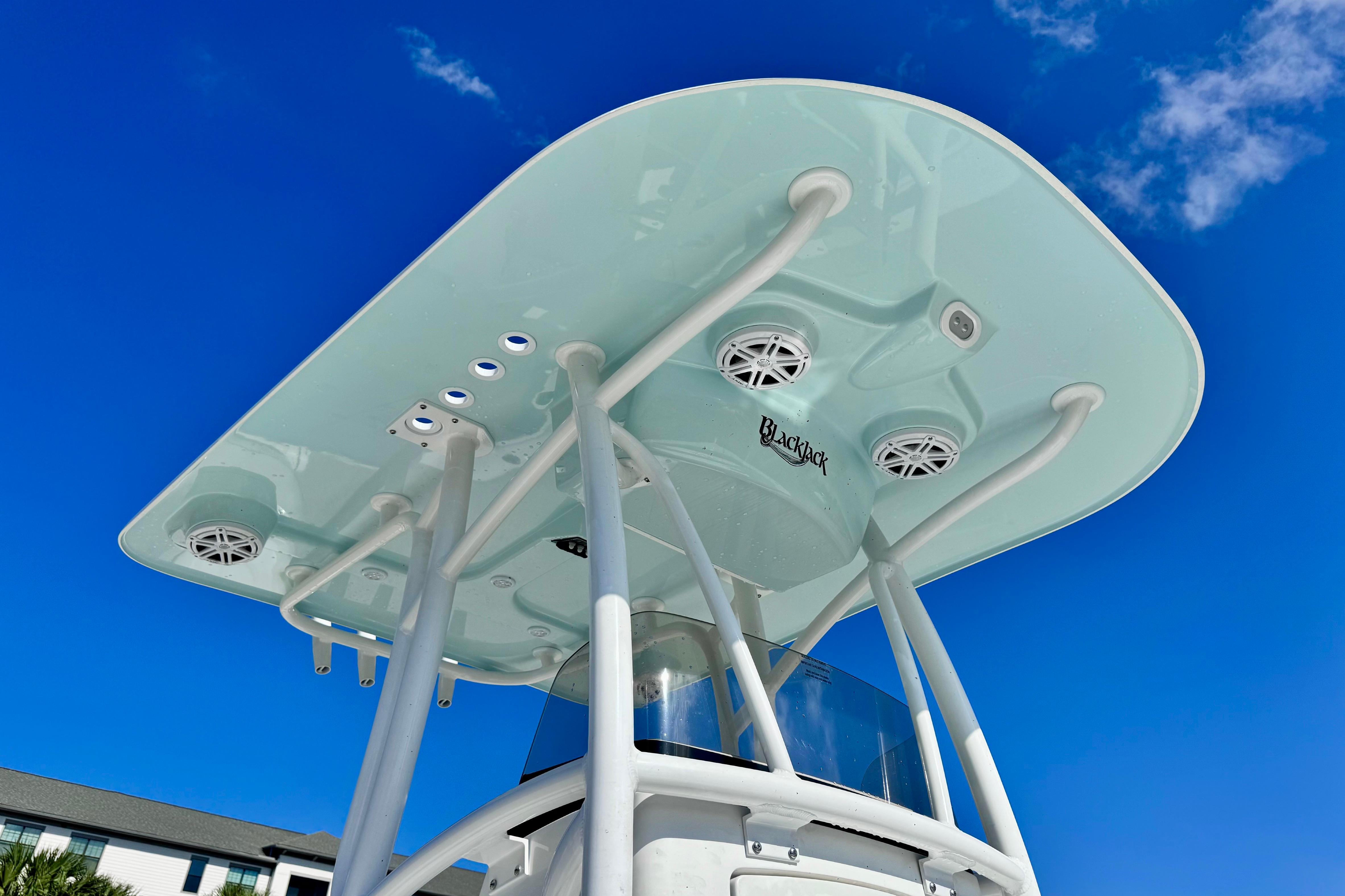 2026 BlackJack 256 Coastal boat top view against clear blue sky.