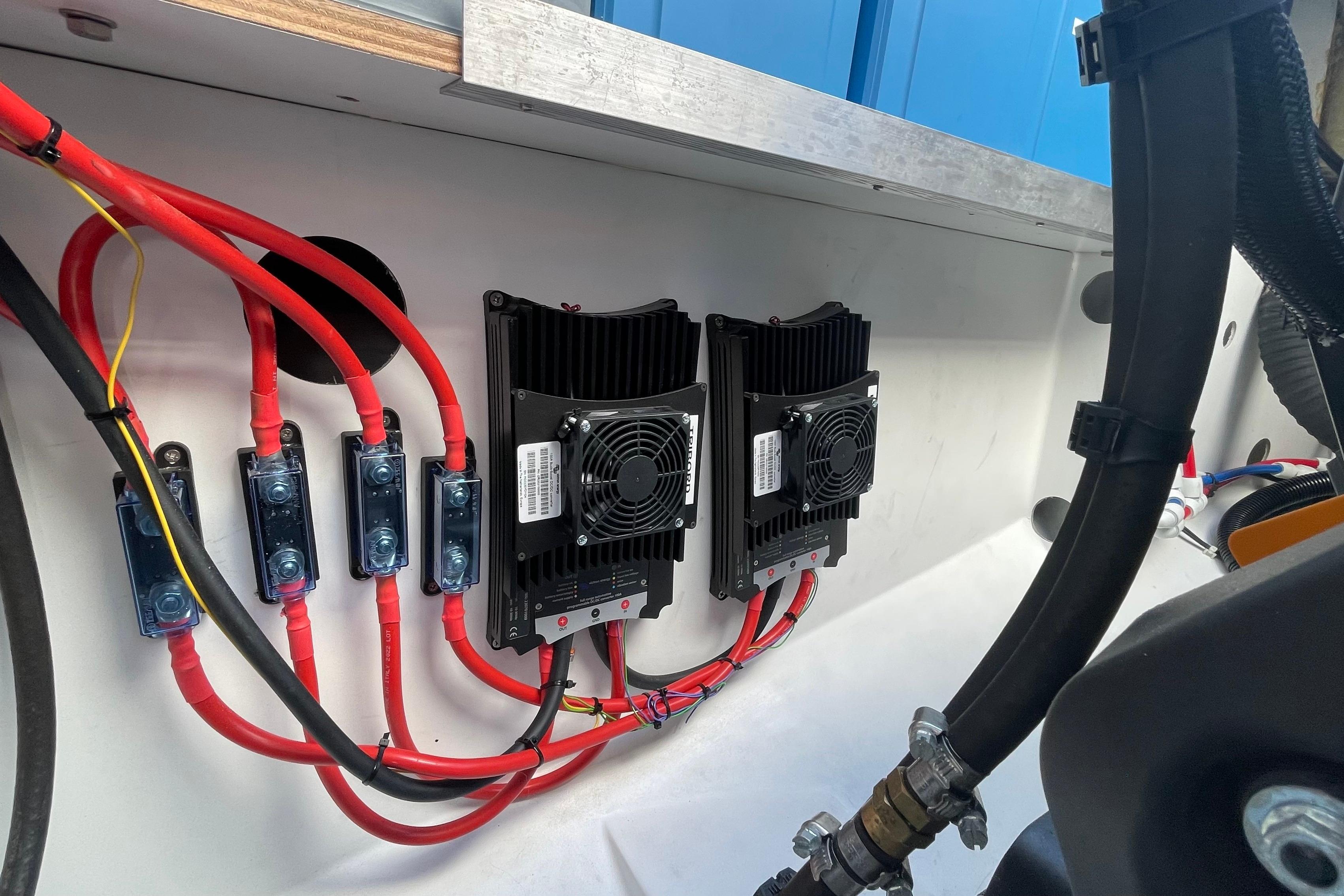Electrical components and wiring inside a 2020 Fountaine Pajot Saona 47 yacht.