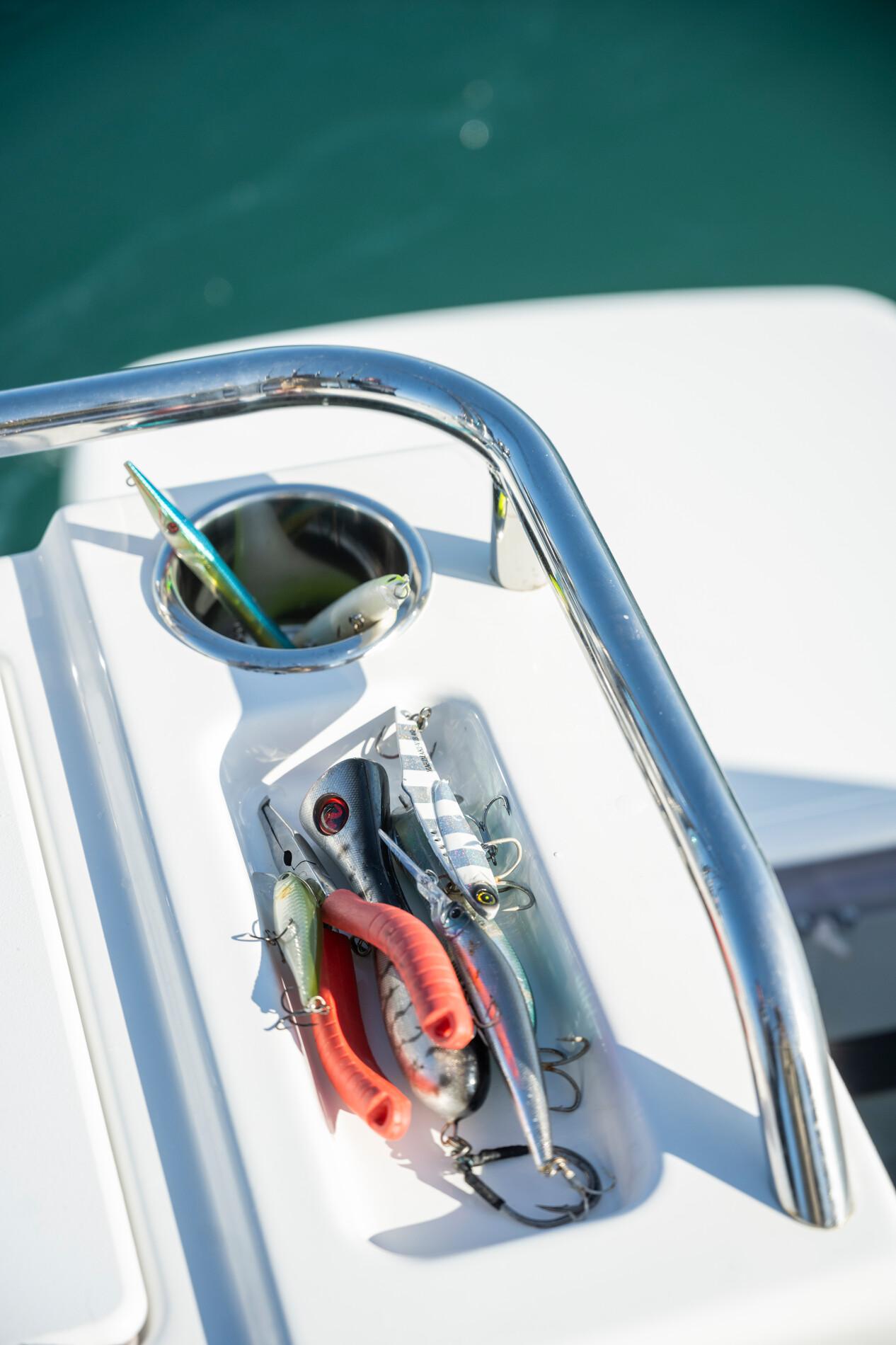 Fishing lures on Beneteau Antares 8 Fishing boat, 2024 model.