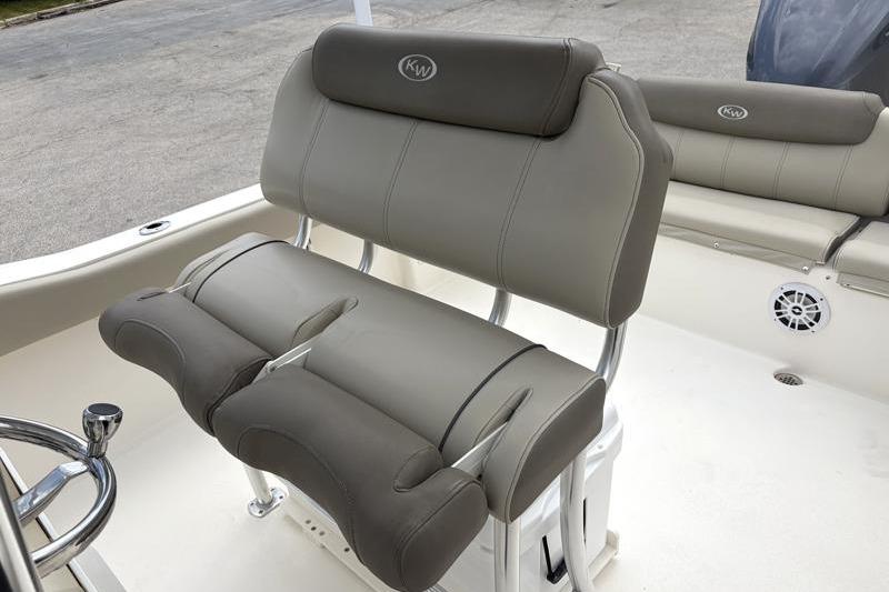 2024 Key West 239 FS boat seating with gray upholstery and stainless steel frame.
